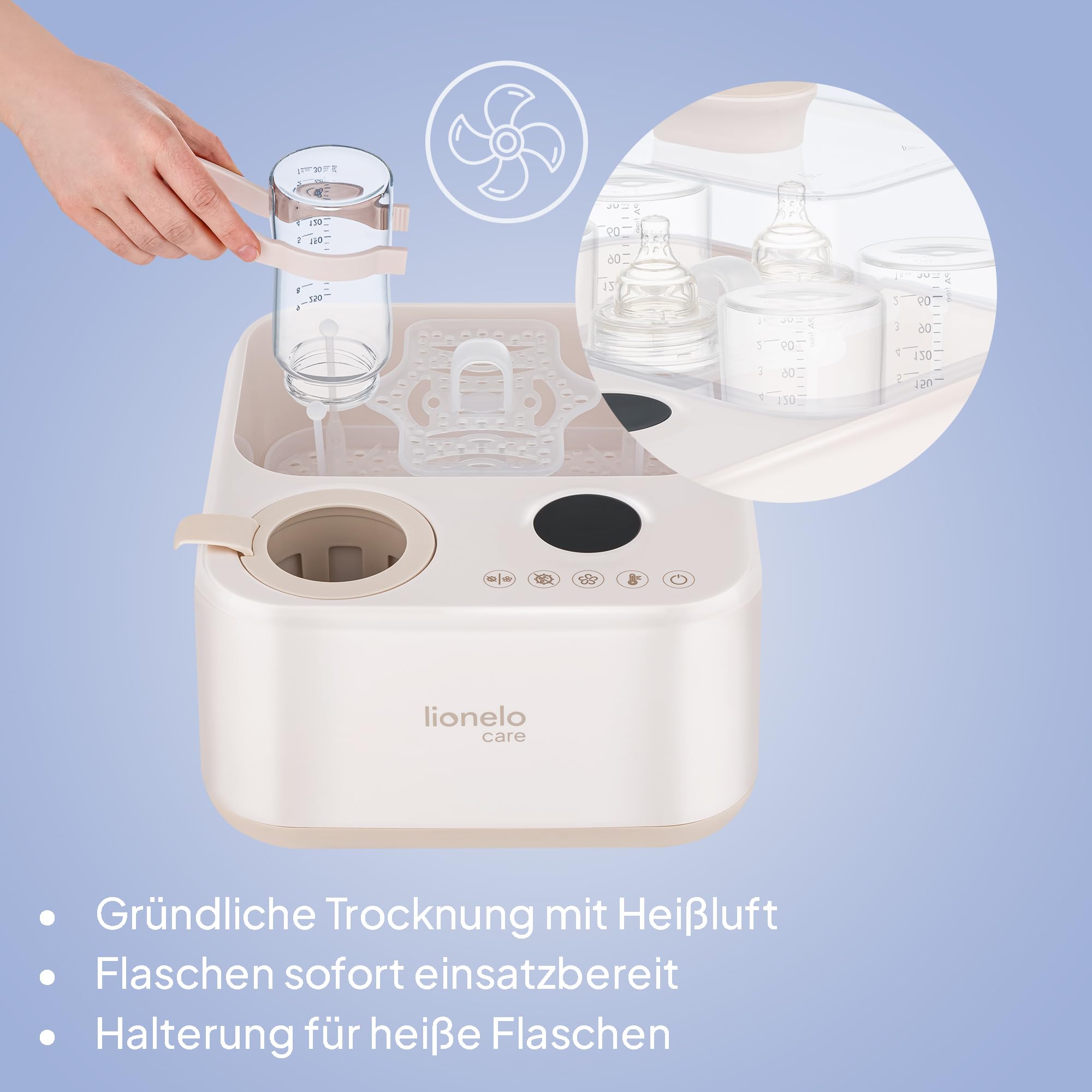 Lionelo SteamUp 3in1 Sterilisator für Babyflaschen mit Trockner & Flaschenwärmer Baby, Dampfsterilisator für 4 Flaschen, 99,99% Keimreduktion, Touchpanel, Abschaltautomatik, BPA-frei