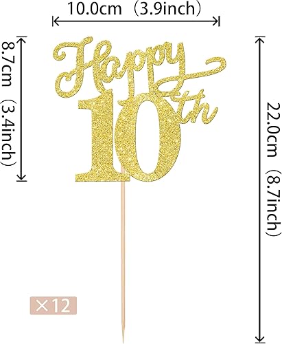 Miniatura 2 de Rsstarxi Paquete de 12 palitos de centro de mesa de feliz cumpleaños número 10 de doble cara con purpurina dorada para decoración de fiesta de