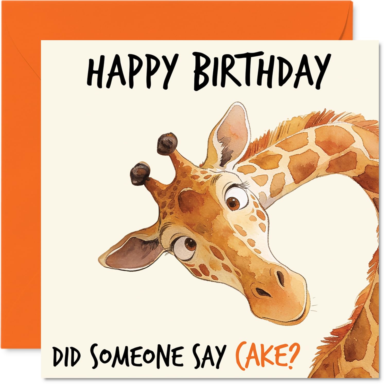 Playful Birthday Card - Cheeky Giraffe Peeking in with Cake Cravings - Whimsical Animal Illustration and Bold Hand-lettered Caption - 145mm Square, Envelope Included
