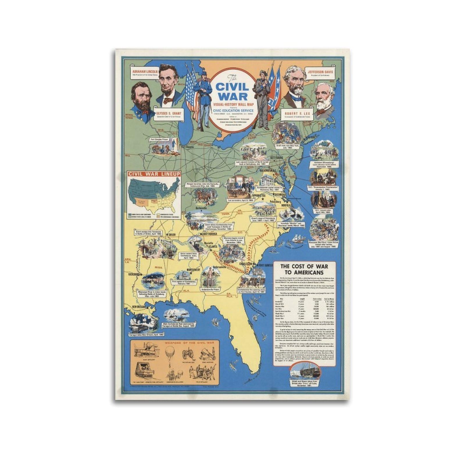 OKAHYS Vintage Travel Poster 1966 American Civil War Map Decorative Painting Canvas Wall Artworks Picture 24x36inch(60x90cm)