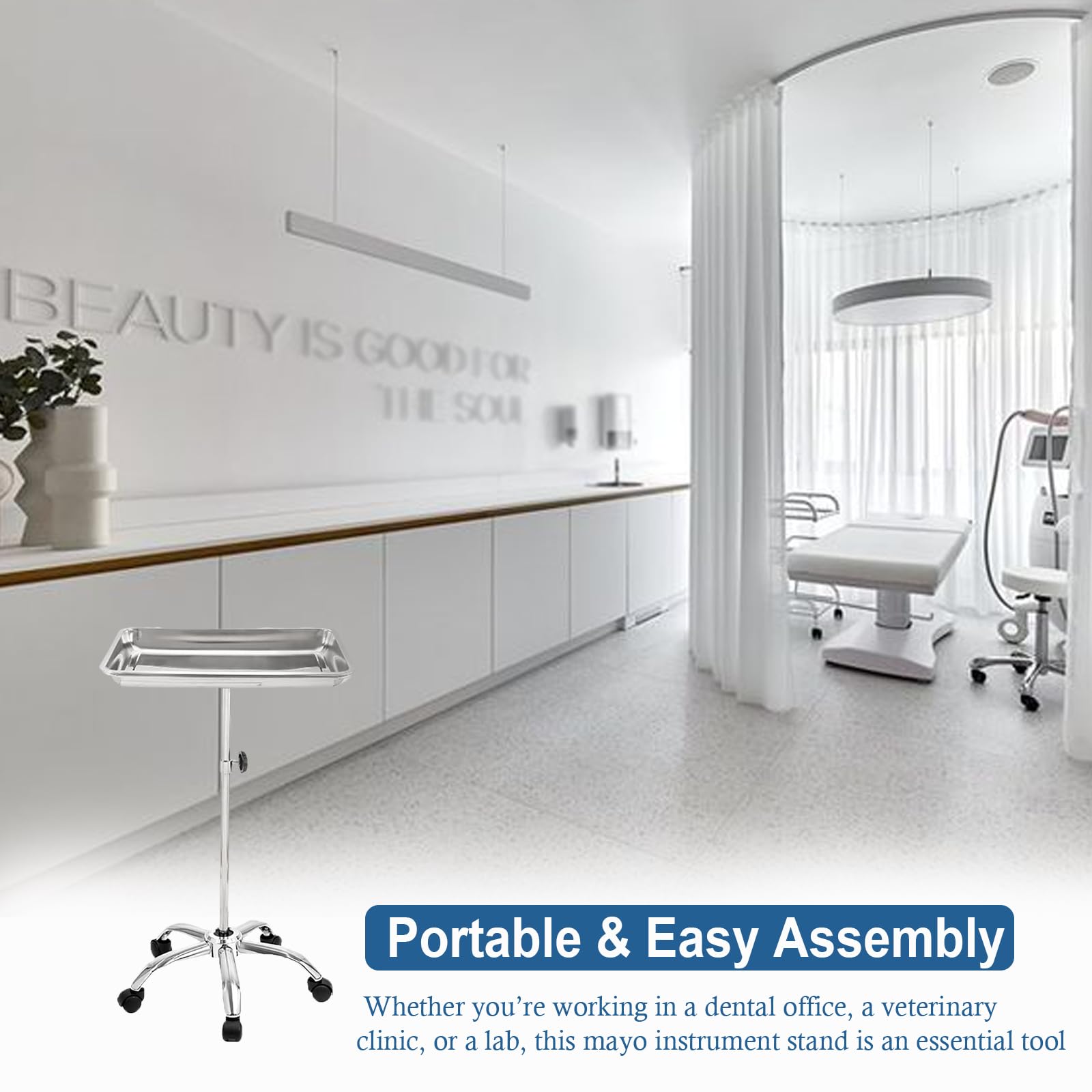 Suporte de instrumentos Mayo, Mesa rodante móvil para suministros de clínicas dentales, veterinarias y de mascotas - Altura ajustable 35 "-51" Carrito de utilidades (C)