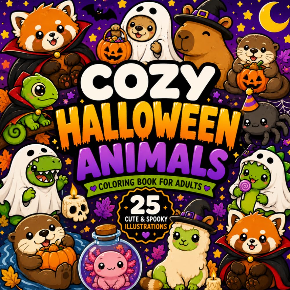 Cozy Halloween Animals Coloring Book: Cute & Relaxing Bold and Easy Coloring Pages for Adults and Teens: Cute & Relaxing Bold and Easy Coloring Pages for Adults and Teens