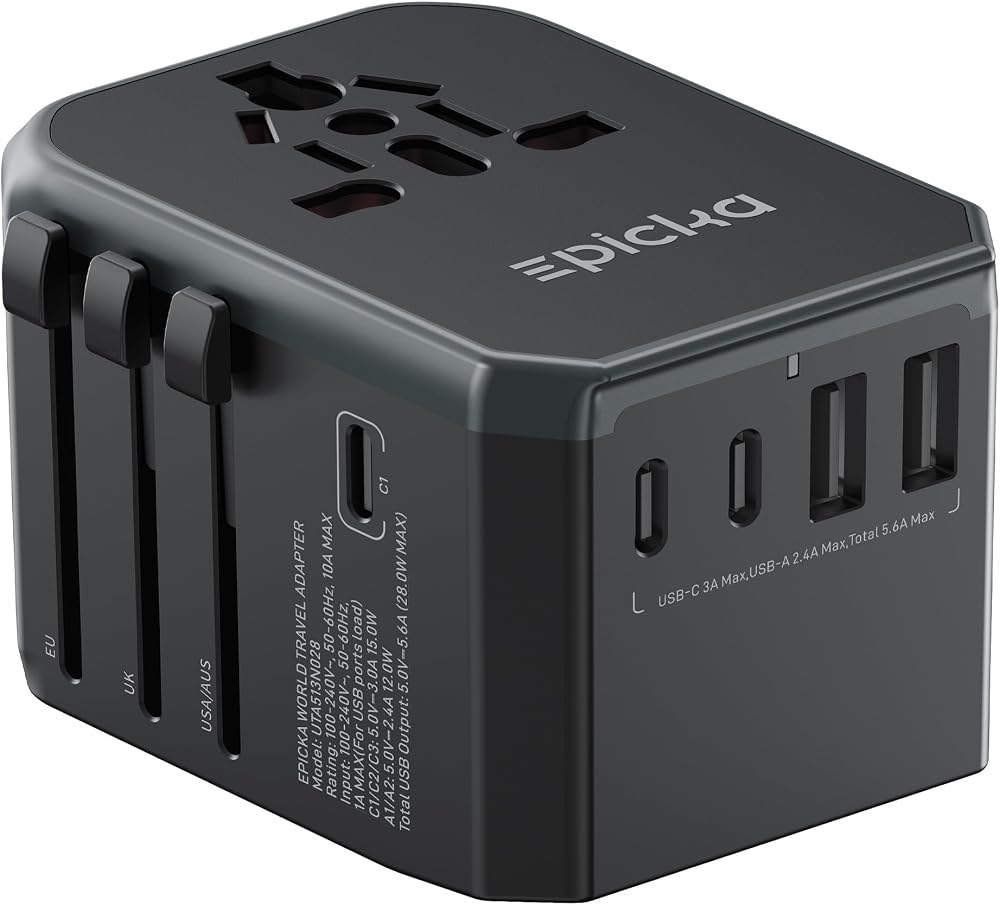EPICKA Universal Travel Adapter with 1AC/3 USB-C/2 USB-A Ports | Travel Plug Adapter for EU/US/UK/AUS, Supports Charging for Multi-Device, Not A Voltage Converter, TA-105, Grey