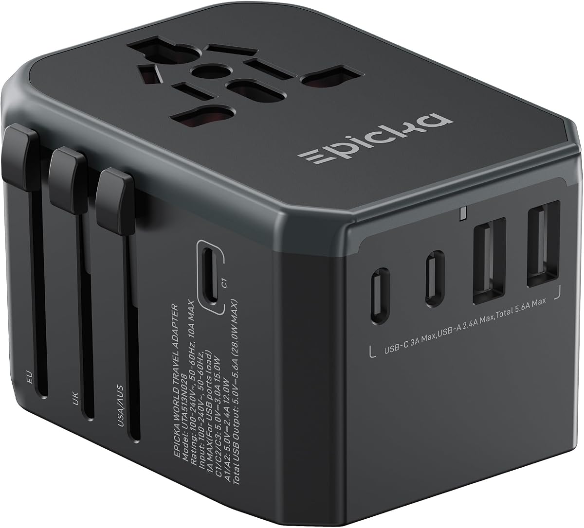Adaptador de viaje universal EPICKA con puertos 1AC/3 USB-C/2 USB-A | Adaptador de enchufe de viaje para UE/EE. UU./Reino Unido/AUS, admite carga para múltiples dispositivos, no es un convertidor de voltaje, TA-105, gris