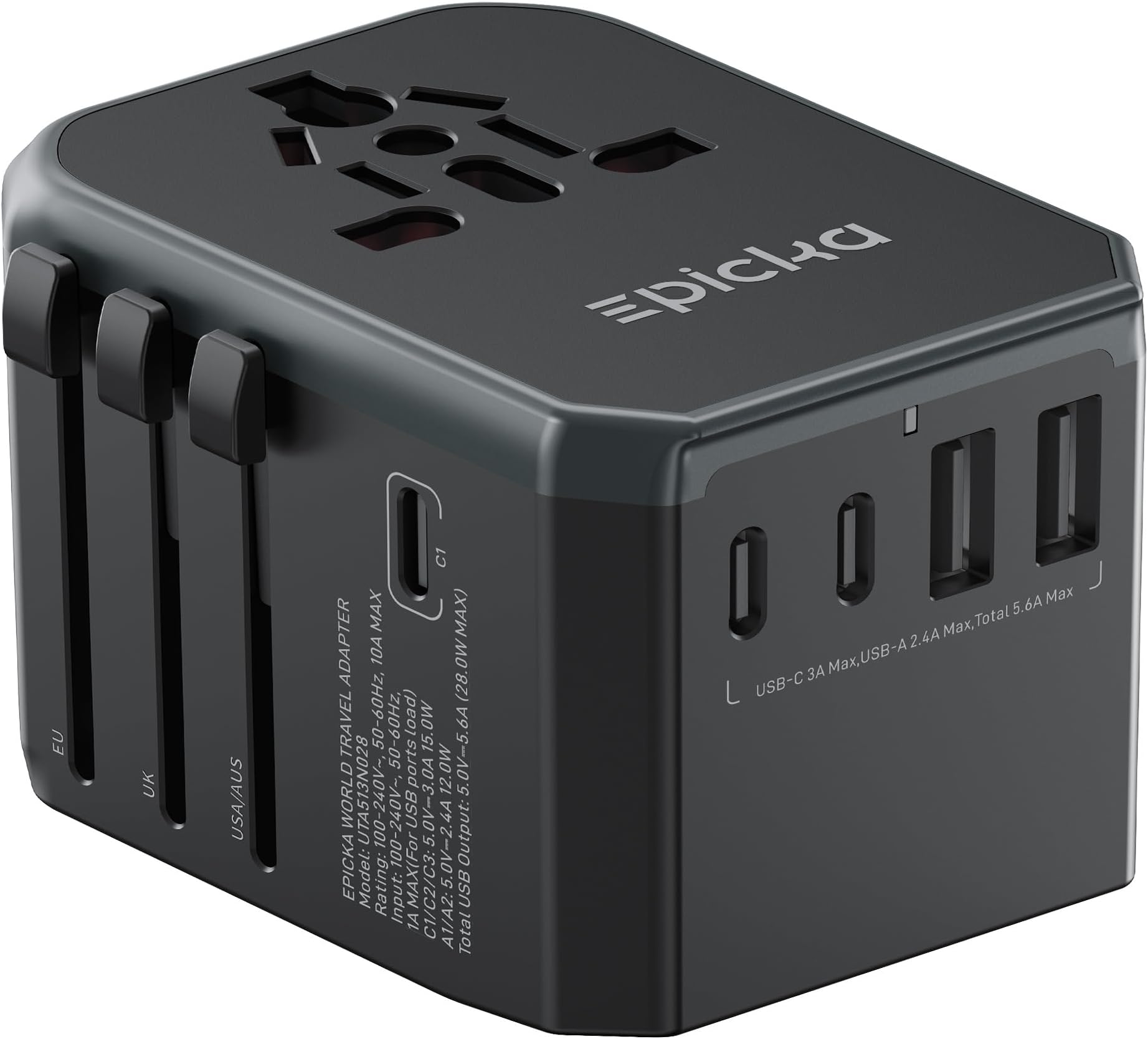 EPICKA Universal Travel Adapter with 1AC/3 USB-C/2 USB-A Ports | Travel Plug Adapter for EU/US/UK/AUS, Supports Charging for Multi-Device, Not A Voltage Converter, TA-105, Grey