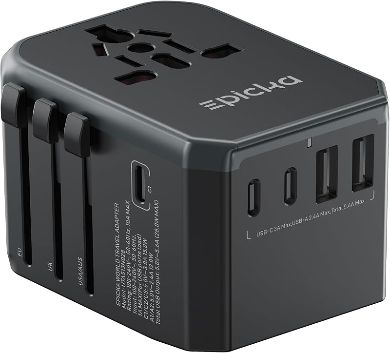 Adaptador de viaje universal EPICKA con puertos 1AC/3 USB-C/2 USB-A | Adaptador de enchufe de viaje para UE/EE. UU./Reino Unido/AUS, admite carga para múltiples dispositivos, no es un convertidor de voltaje, TA-105, gris