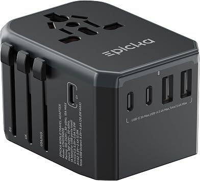 EPICKA Universal Travel Adapter with 1AC/3 USB-C/2 USB-A Ports | Travel Plug Adapter for EU/US/UK/AUS, Supports Charging for Multi-Device, Not A Voltage Converter, TA-105, Grey