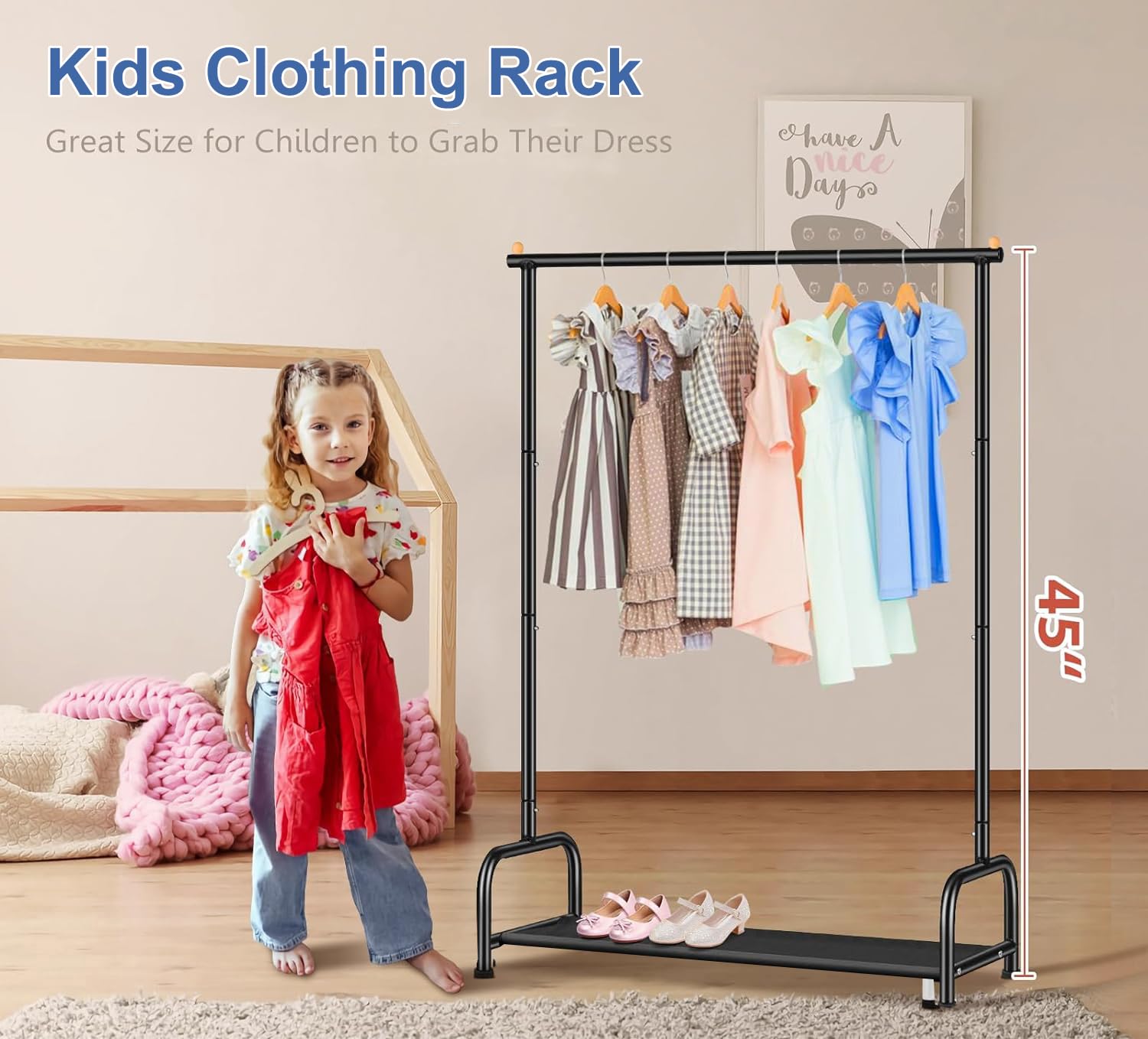 MISSLO Metal Kids Clothes Rails for Girls Boys & Toddlers, Small Baby Clothes Rail with Bottom Storage Shelf - Image 2