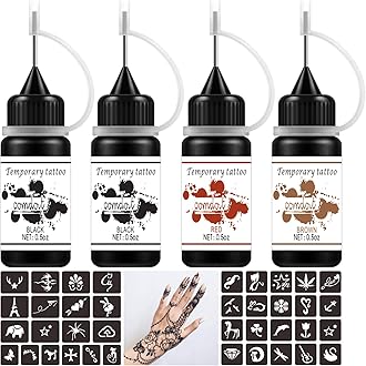 Temporary Tattoo Kit Jagua Gel Semi Permanent Tattoo Freehand Ink DIY Temp Tattoos for Women Kids Men Body Art Painting DIY Tattoos Fake Freckles 35 Pcs Tattoo Stencils - Full Kit 4 Bottles
