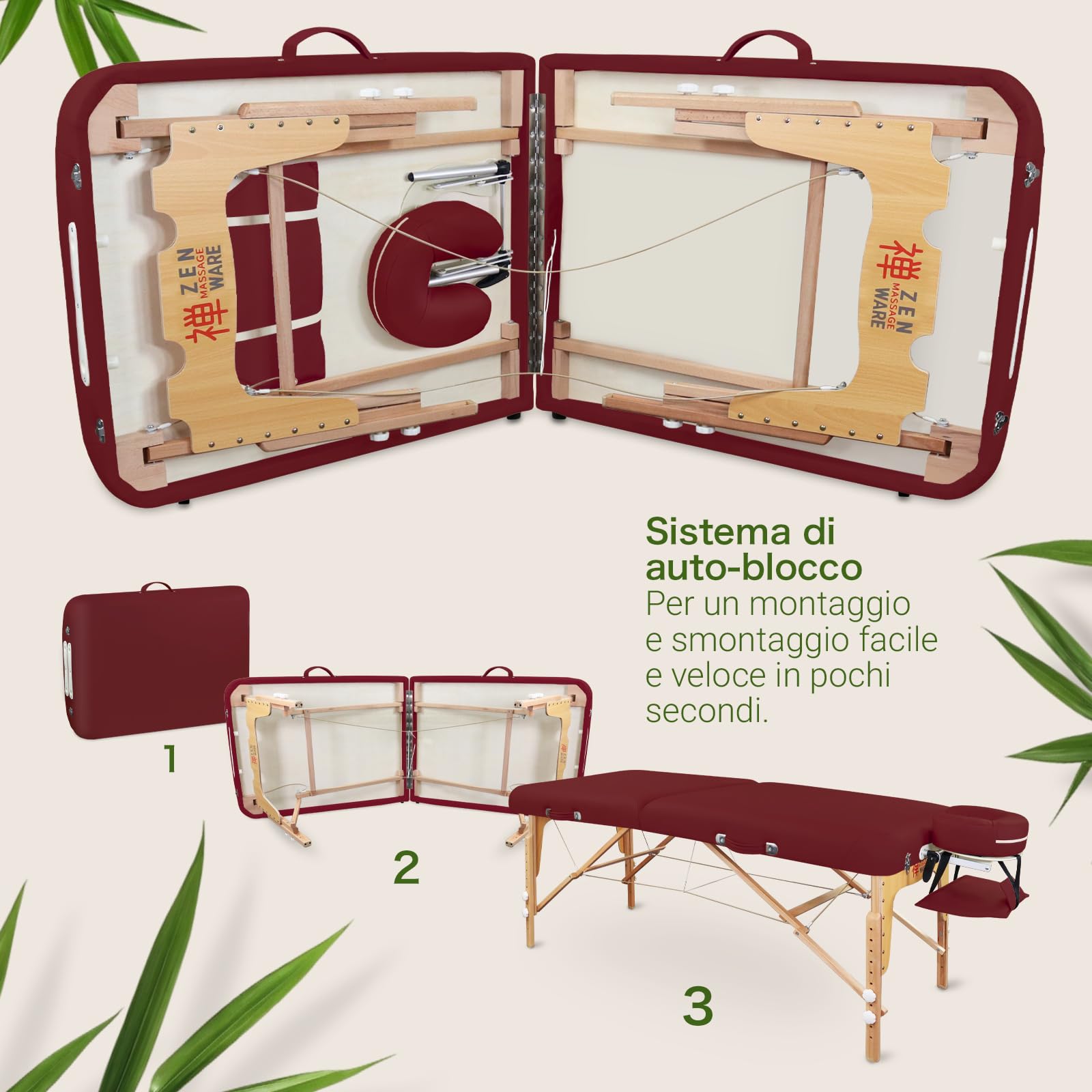 ZEN - Lettino massaggio Round Corner mobile pieghevole®olabile - Tavolino massaggio in legno angoli rotondi per massaggi attivi - Panchina massaggi con poggiatesta, braccioli e borsa (bordeaux)