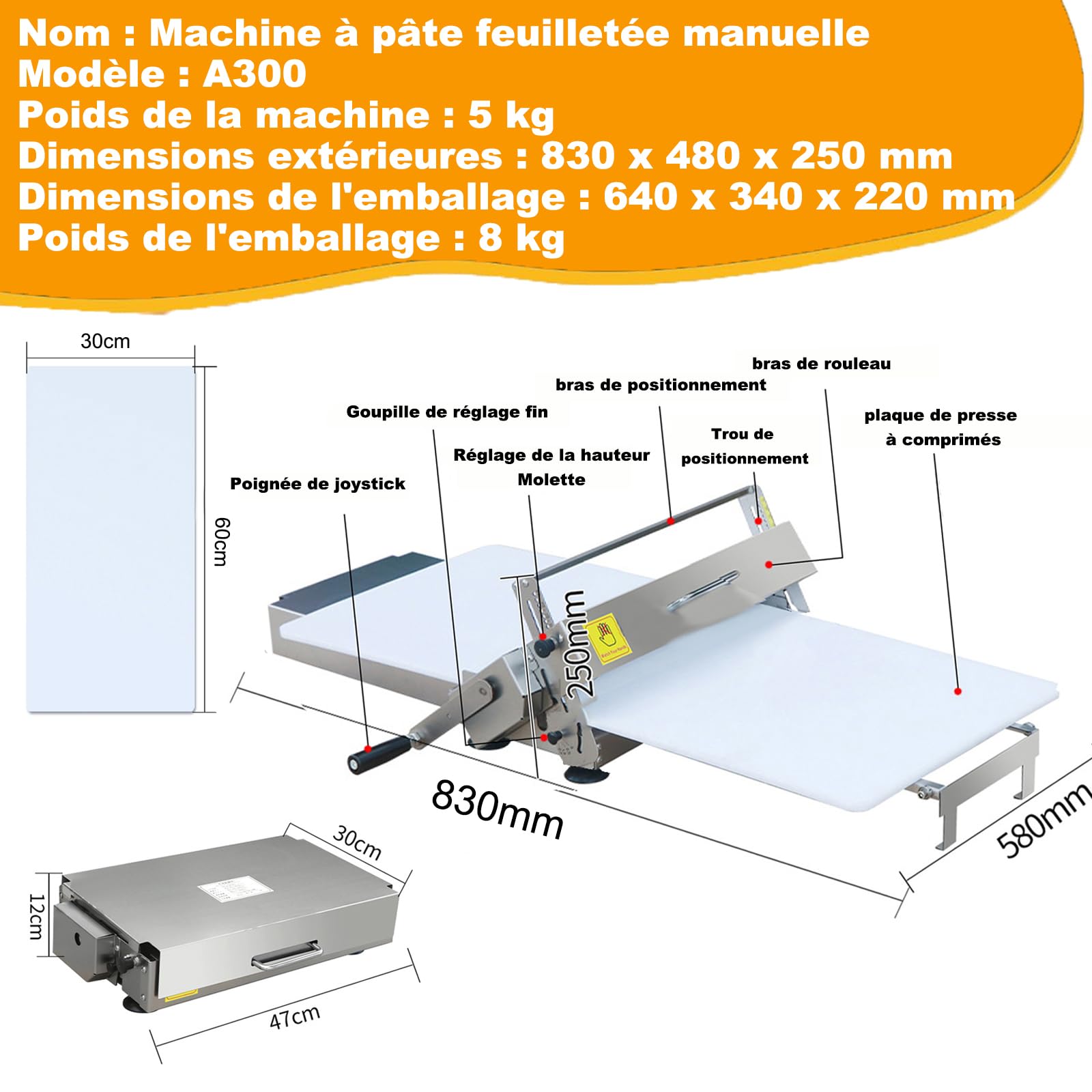 Laminadora de Masa Manual Compacta, de Acero Inoxidable, con Grosor Ajustable, Ideal para Hacer Hojaldre de Panadería, para una Elaboración Precisa de Hojaldre A300