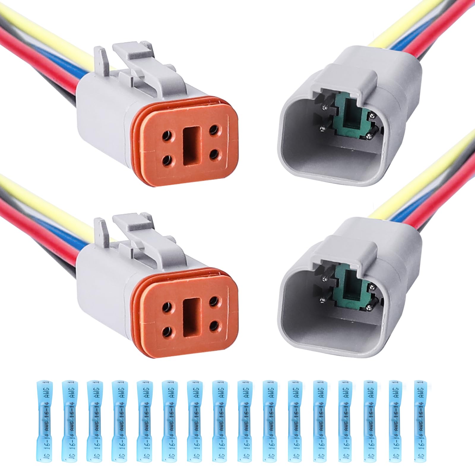 EDIONS 4 Pin DT Connector, Waterproof Electrical Connector Kit with Heat Shrink Tubing Male and Female Plug Wiring Harness for Car Truck Boat - 2 Pack