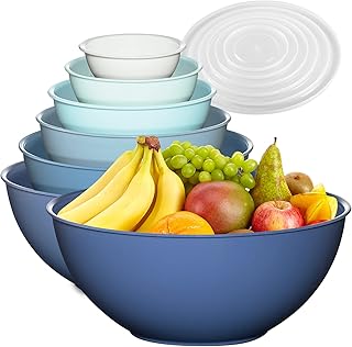 12 Piece Plastic Mixing Bowls Set, Colorful Nesting Bowls with Lids, 6 Prep Bowls and 6 Lids - Color Food Storage for Left...