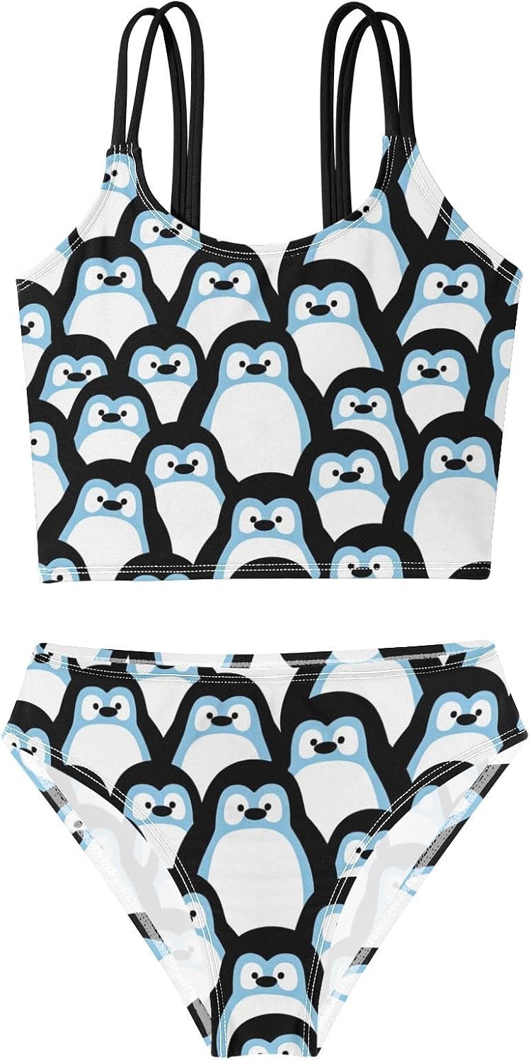 visesunny Girls Two Piece Swimsuits Cartoon Penguin Vector Girl's Bikini Sets Bathing Suits for Girls Size 5-12Y