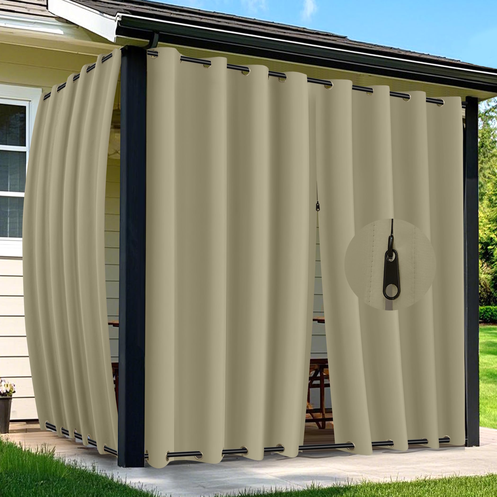 Arfntevss Outdoor Curtains for Patio Waterproof 2 Panels Blackout Extra Wide Curtains with Zipper Top & Bottom Grommet Sun Blocking Outdoor Privacy Drape for Gazebo Porch Pergola (110x108, Khaki)