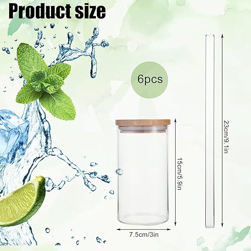 Miniatura 6 de 6 vasos de vidrio con tapas y pajitas de bambú, vasos reutilizables de boca ancha, adecuados para jugo, café helado, té, cerveza, whisky de cóctel