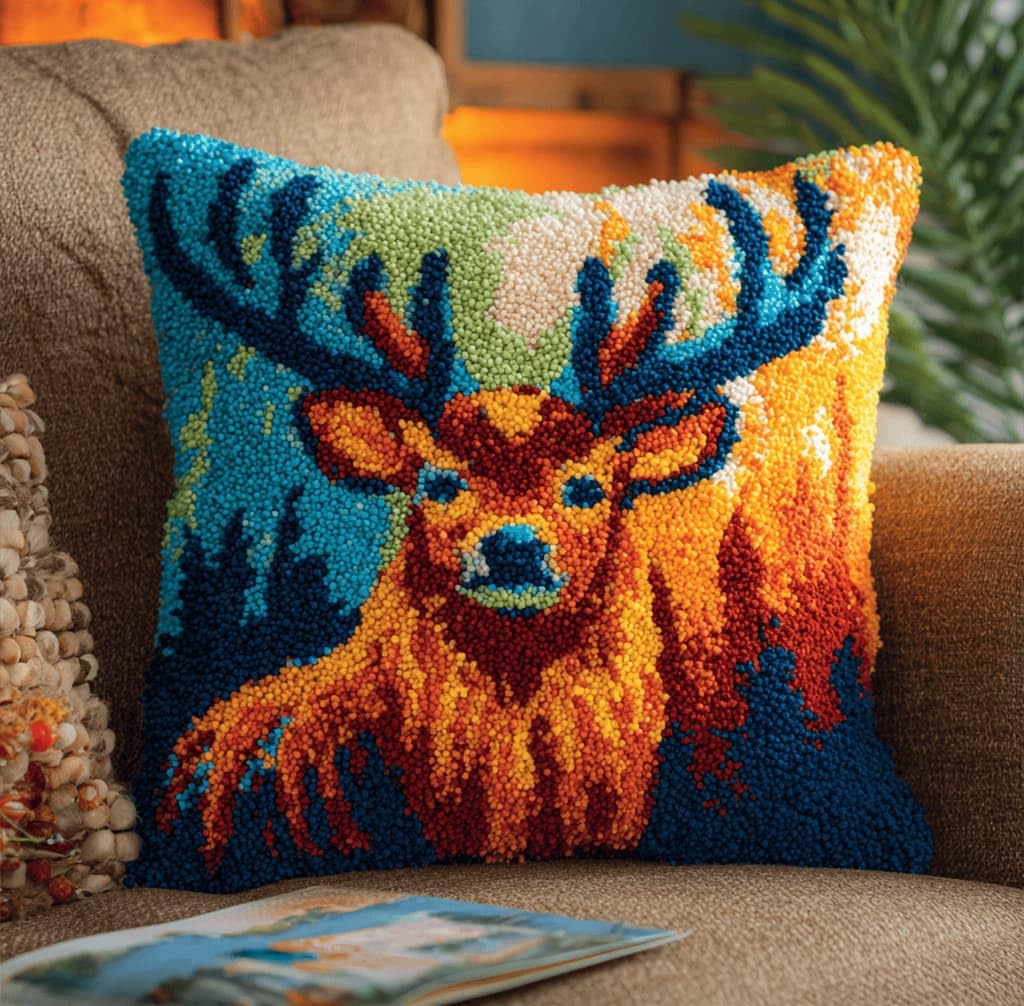Kitquiver Latch Hook Kits for Adults Elk Rug Cover Pillowcase Beginner DIY Needlework Embroidery Kits Handmade Set Craft Sofa Home Decor 43X43Cm