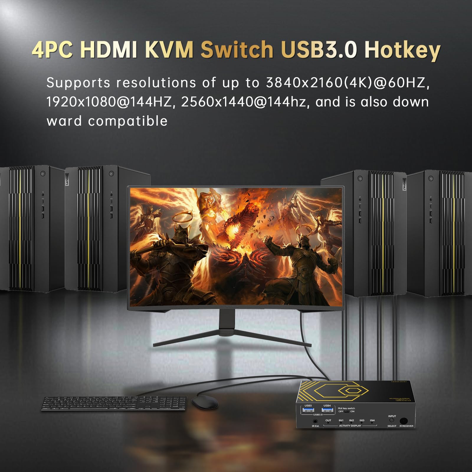 HDMI KVM Switch USB 3.0 4 Ports with Hotkey 4K 60Hz 18Gbps Share 4 Computers with one Keyboard Mous HDR D-olby Vision HDCP2.2 Remote Control USB3.0 CableX4