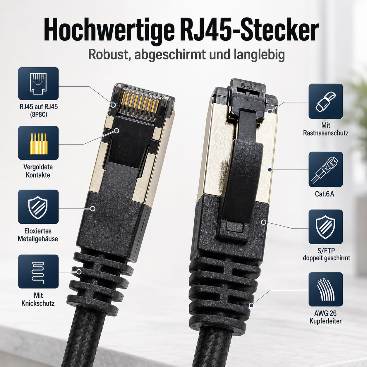 1aTTack.de 7,5 m – Cable de red negro de algodón CAT 6a – 5 unidades cable de red de tejido de algodón Cat 6 a cable Rj 45 LAN Ethernet 500 Mhz 10 Gb s – 5 x 7,5 m