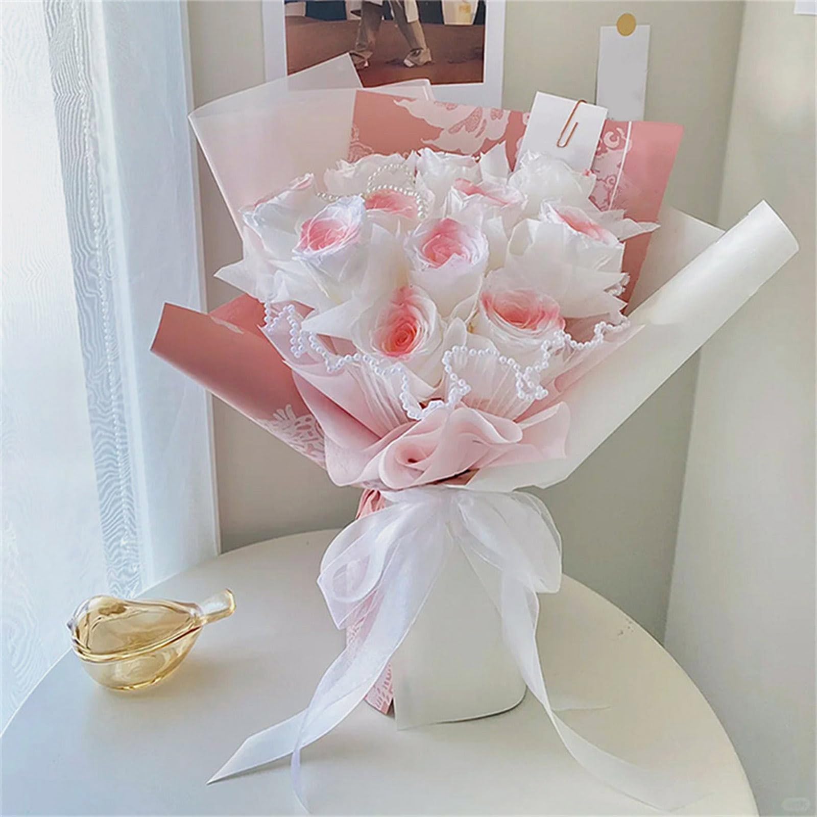 6 fogli, confezione di fiori, bouquet di carta, confezione floreale, filo a maglia con bordi di perle, per matrimonio, fai da te, festa della mamma