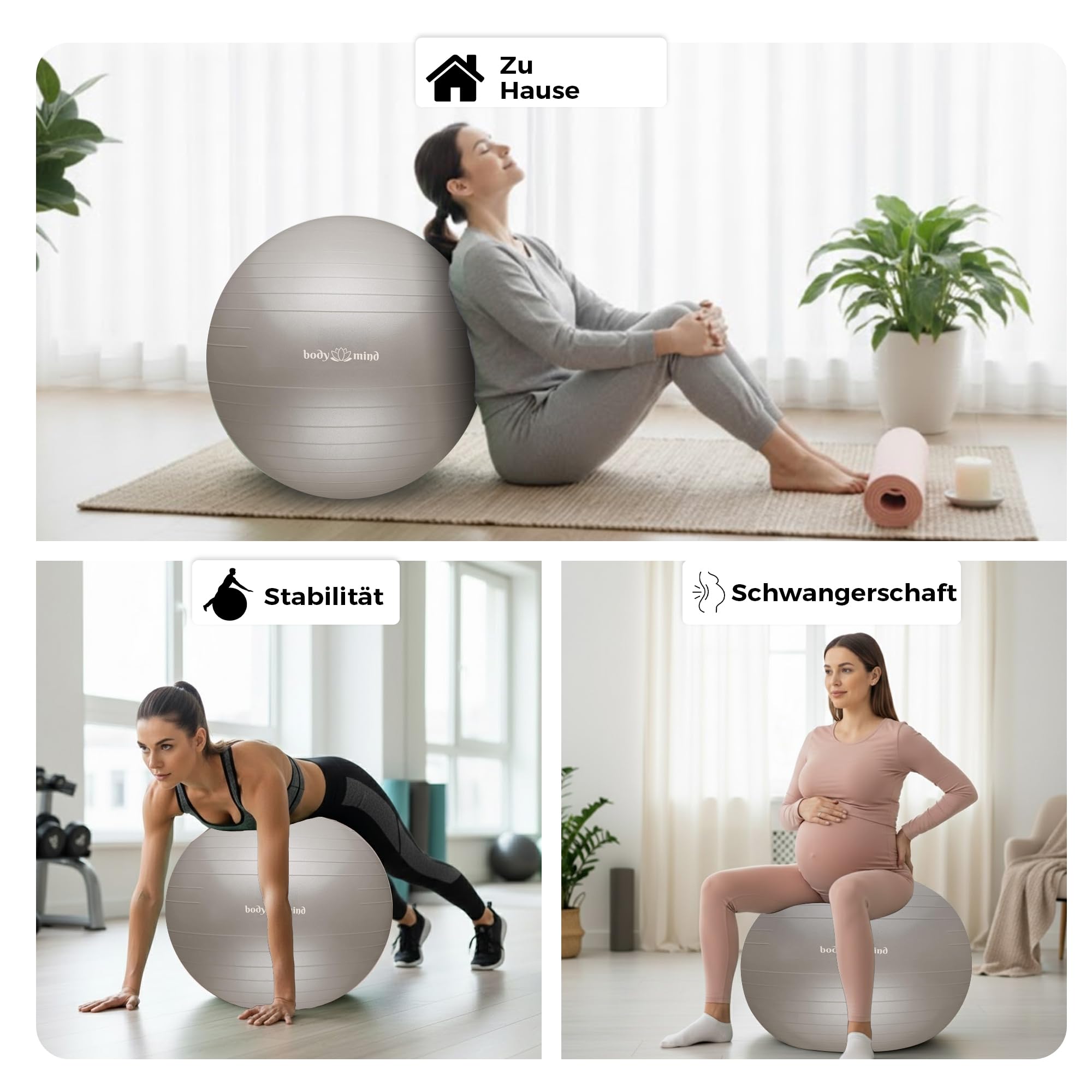 Body & Mind Gymnastikball inkl. Luftpumpe - Anti-Burst Pilates Ball, Pezziball für Schwangerschaft Ergonomischer Sitz als Büro-Stuhl, Sitzball für Yoga, Gymnastik & Workout