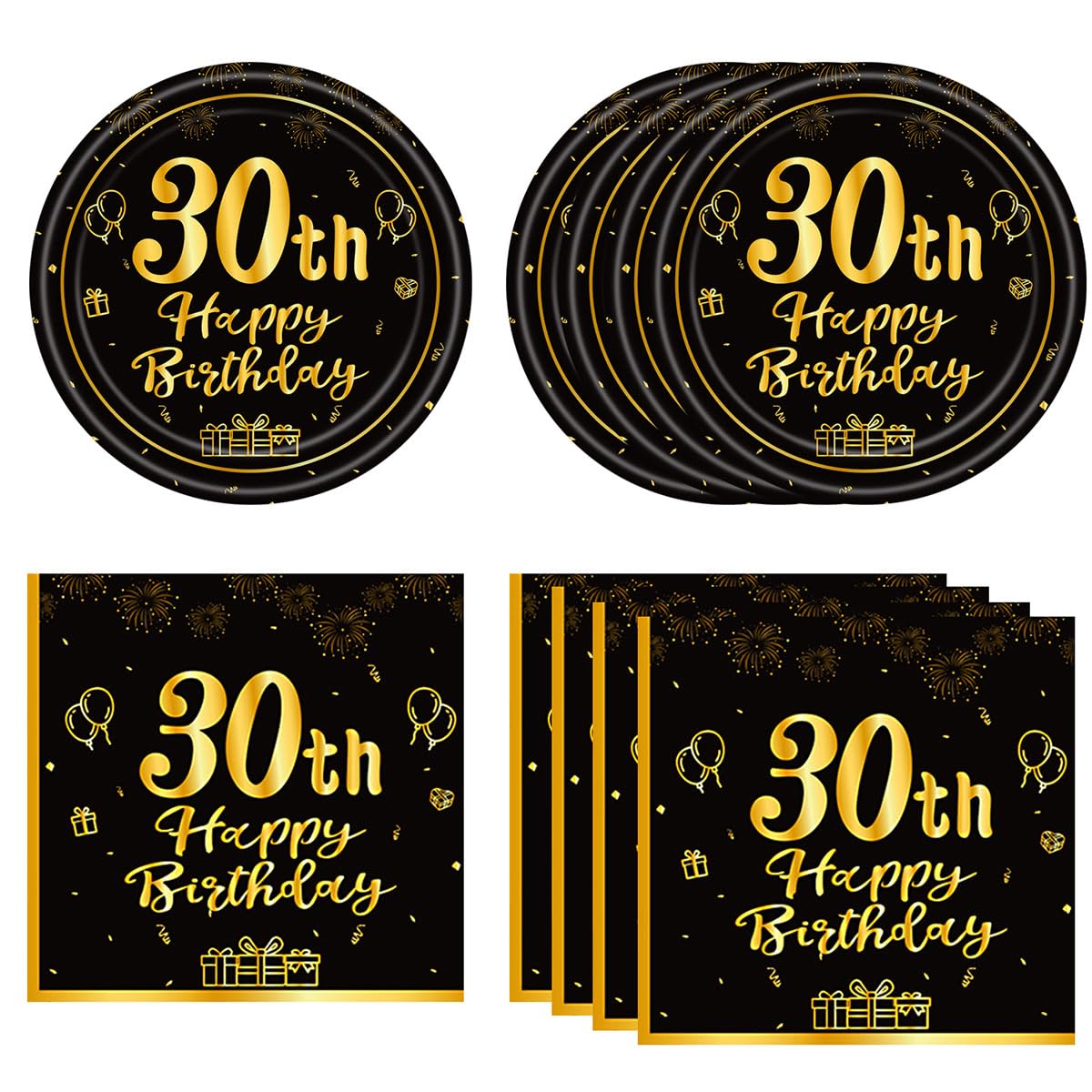 40PCS 30 Birthday Party Decoration for Her Vintage Black and Gold 1996 30 Year Old Disposable Paper Plates and Napkins Party Supplies Set 30 Years Old