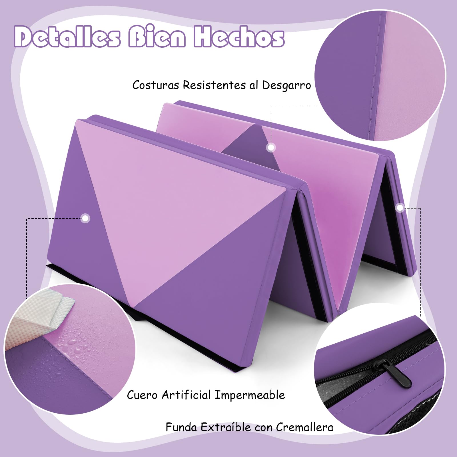 GOPLUS Colchoneta de Gimnasia Plegable, 240x117x5cm, Esterilla de Entrenamiento de Cuero Artificial con Asas de Transporte, Alfombra de Suelo para Fitness Yoga (Morado + Rosa Claro)
