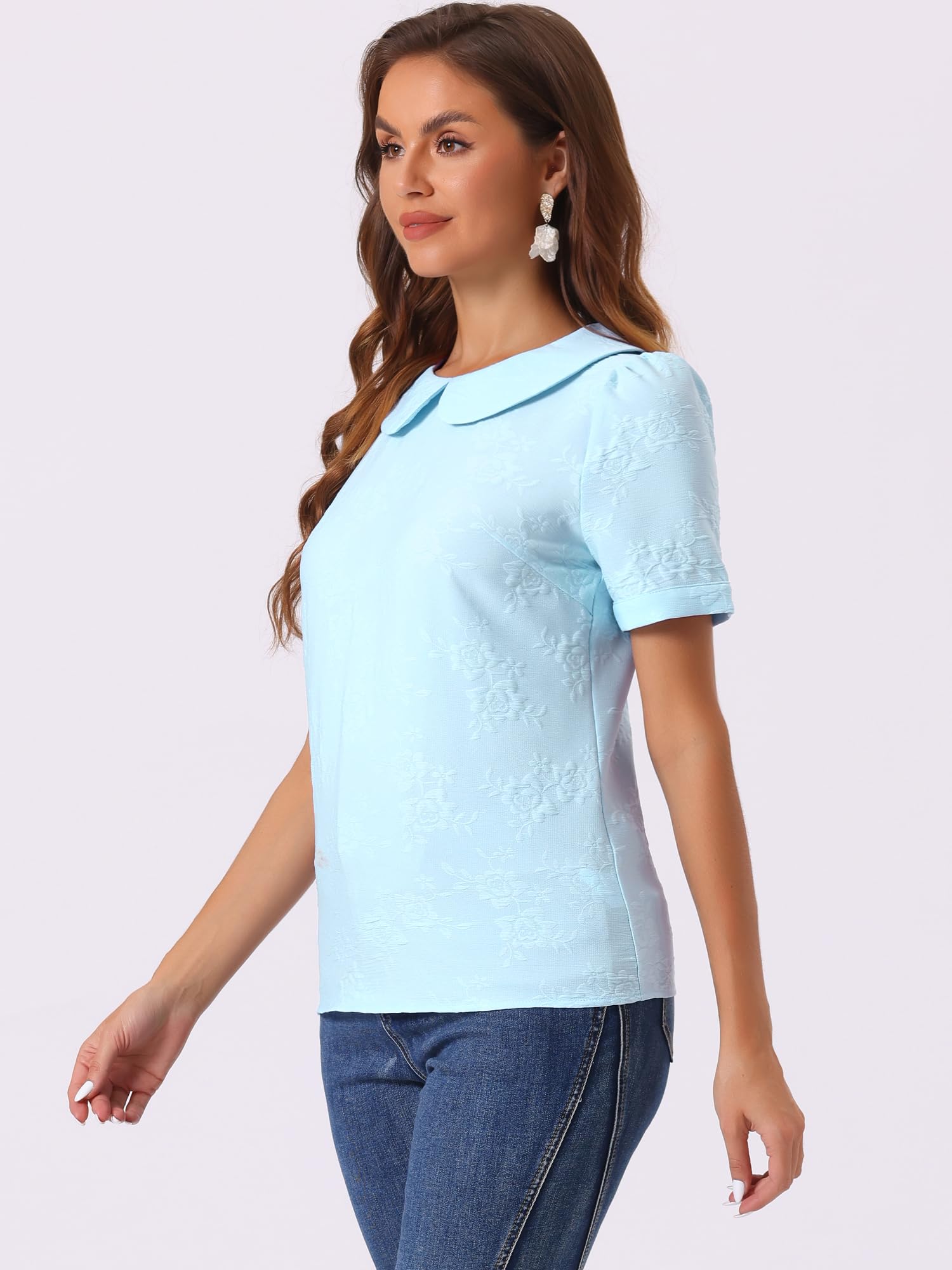 Allegra K Donna Camicetta con Colletto Peter Pan per Top Kawaii a Maniche Corte a Sbuffo Jacquard Floreale da Donna