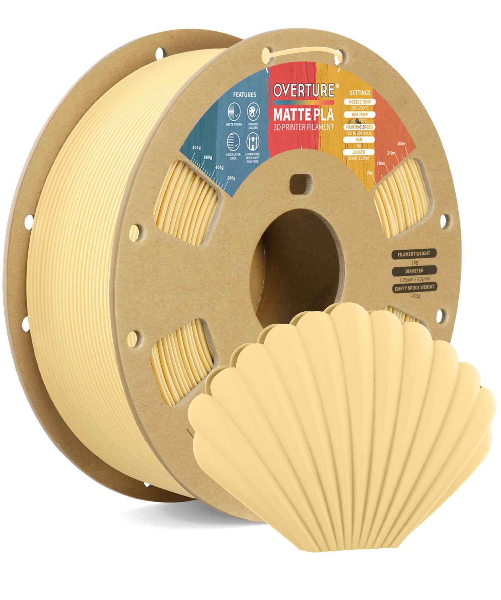 OVERTURE Filamento Matte PLA 1.75mm, 1kg Bobina (2.2lbs) Opaco PLA Filamenti per Stampante 3D, Neatly Wound Filamento Precisione Dimensionale +/- 0.02 mm, Matte Giallo Burro