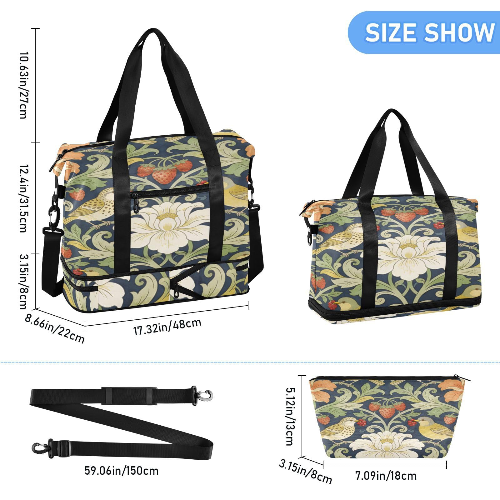 William Morris Red Strawberry Bird Carry On Torba na ramię z mokrą kieszenią Regulowany pasek Siłownia Sport Carry na wycieczkę Wodoodporna dla mężczyzn kobiet