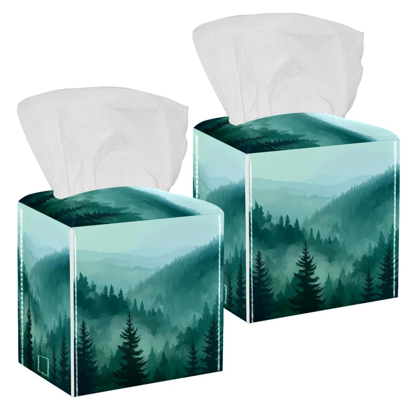 Cloud Pine Forest Tissue Box Cover, 2 Pack PU Leather Square Facial Tissue Dispenser Box holder for Home Office Car