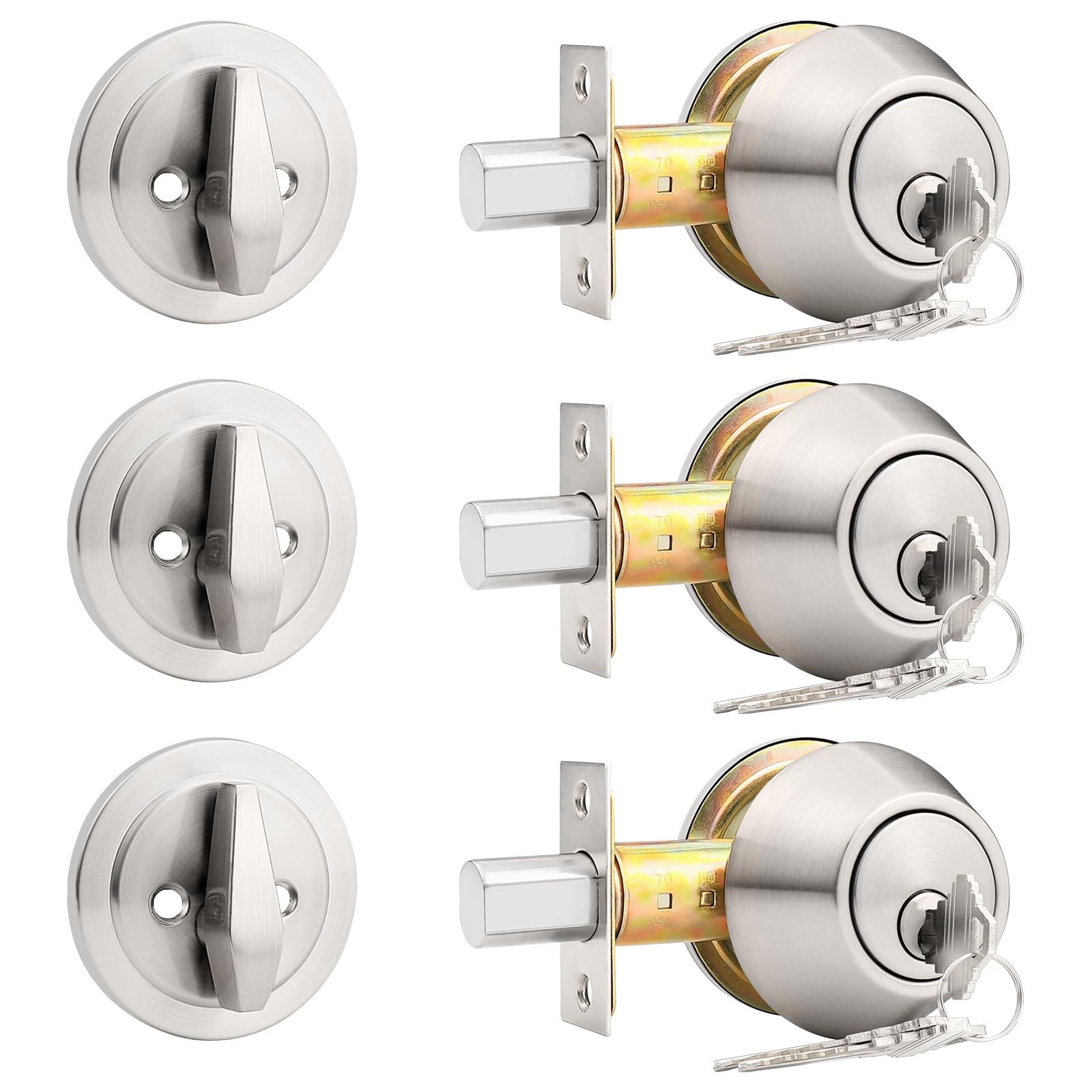Probrico 3 Pack Satin Nickel Single Cylinder Deadbolt Lock Set, Keyed One Side Door Lock for Exterior and Interior Door, All Keyed Alike