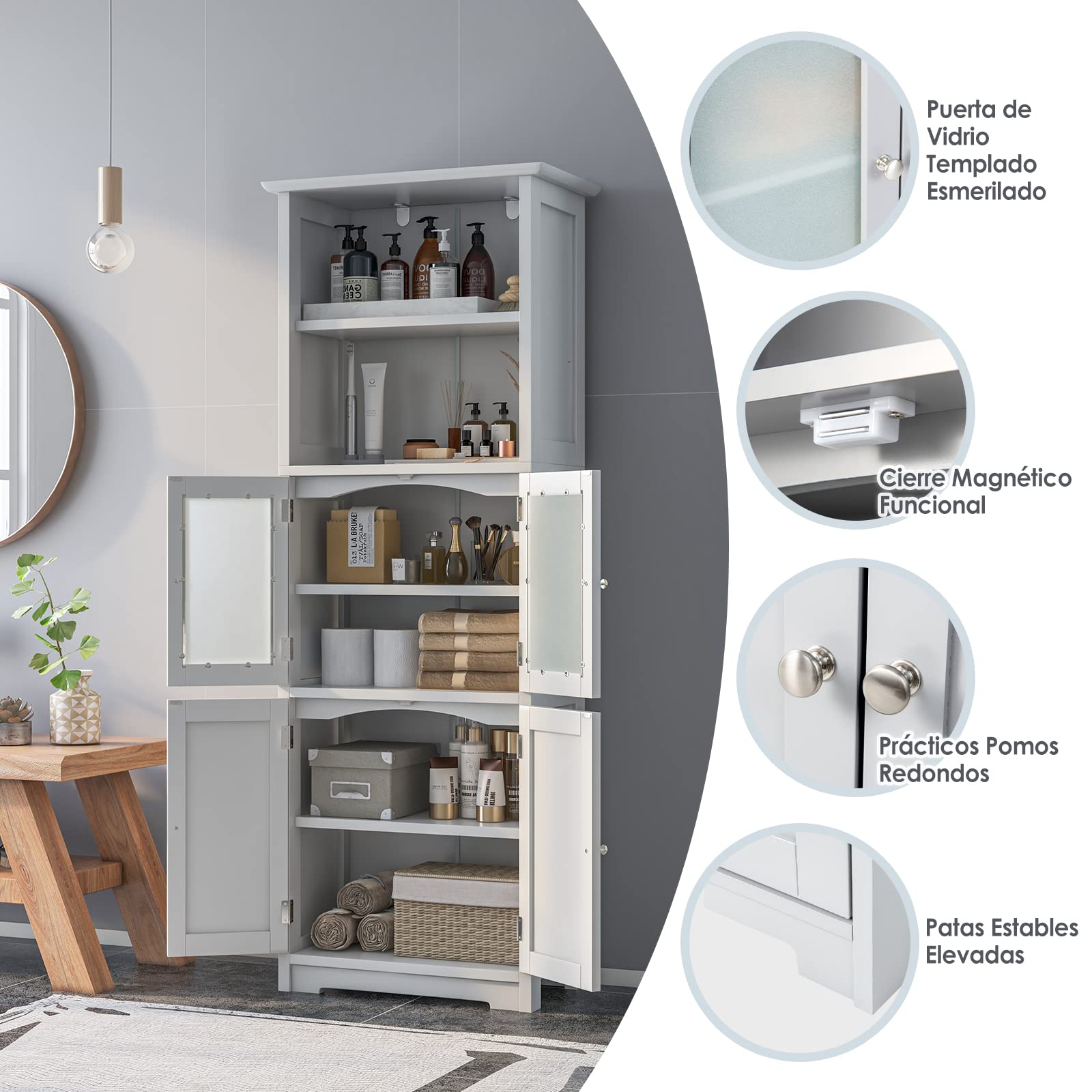 COSTWAY Armario Alto de Baño con 2 Puertas y 1 Cajón, Armario Independiente con Estantes Ajustables y Puerta de Vidrio Esmerilado, Mueble Columna para Sala Dormitorio (Blanco, 4 Puertas)