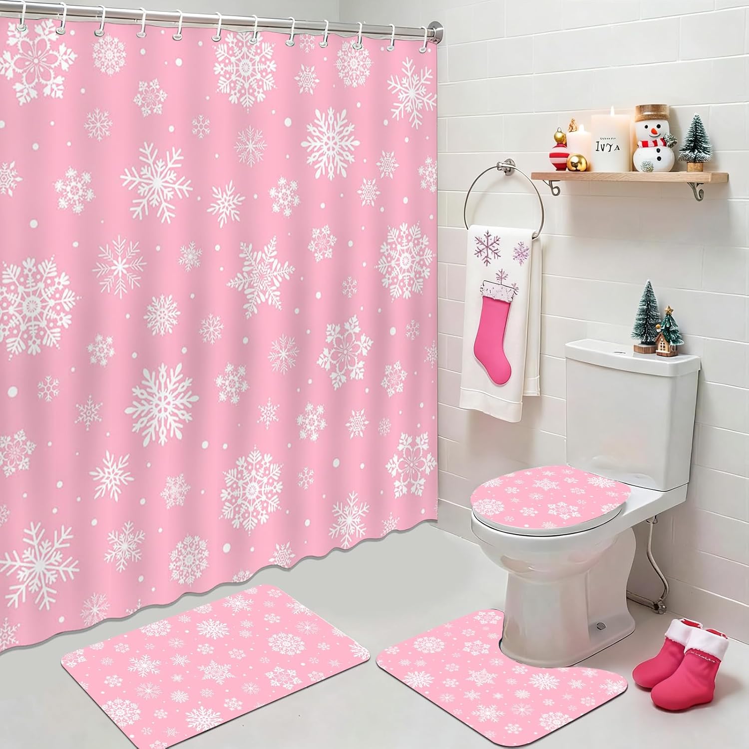 Mocsicka Christmas Snowflake Shower Curtain Set for Bathroom, 4Pcs Winter Snowflake Bathroom Sets with Non Slip Rugs, Toilet Lid Cover, Bath Mat, Shower Curtain, Bathroom Decor with 12 Hooks (Pink)
