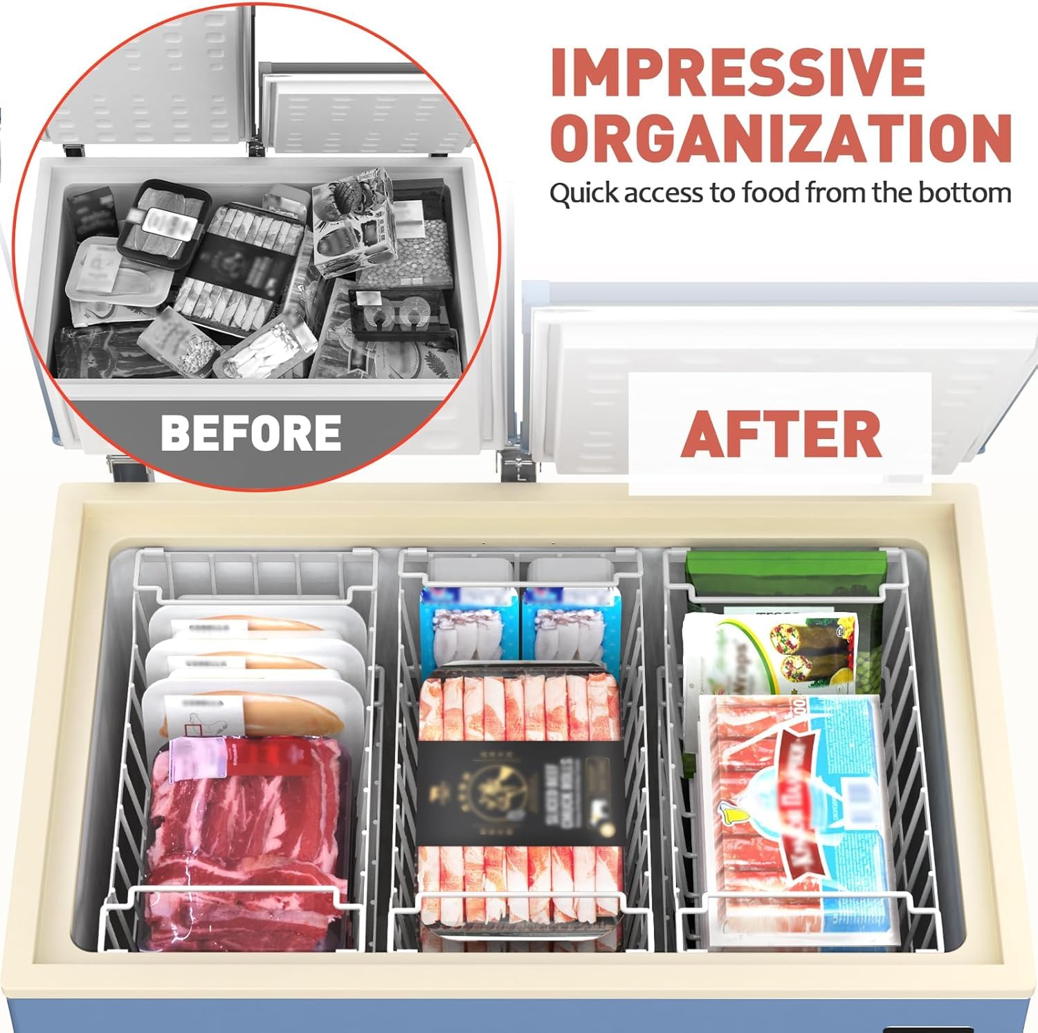 WELDUN Cestini per congelatore con manico pieghevole, confezione da 6 organizer impilabili per cassettiera piccola da 198 l, contenitori in metallo con spazio utilizzato, bianco