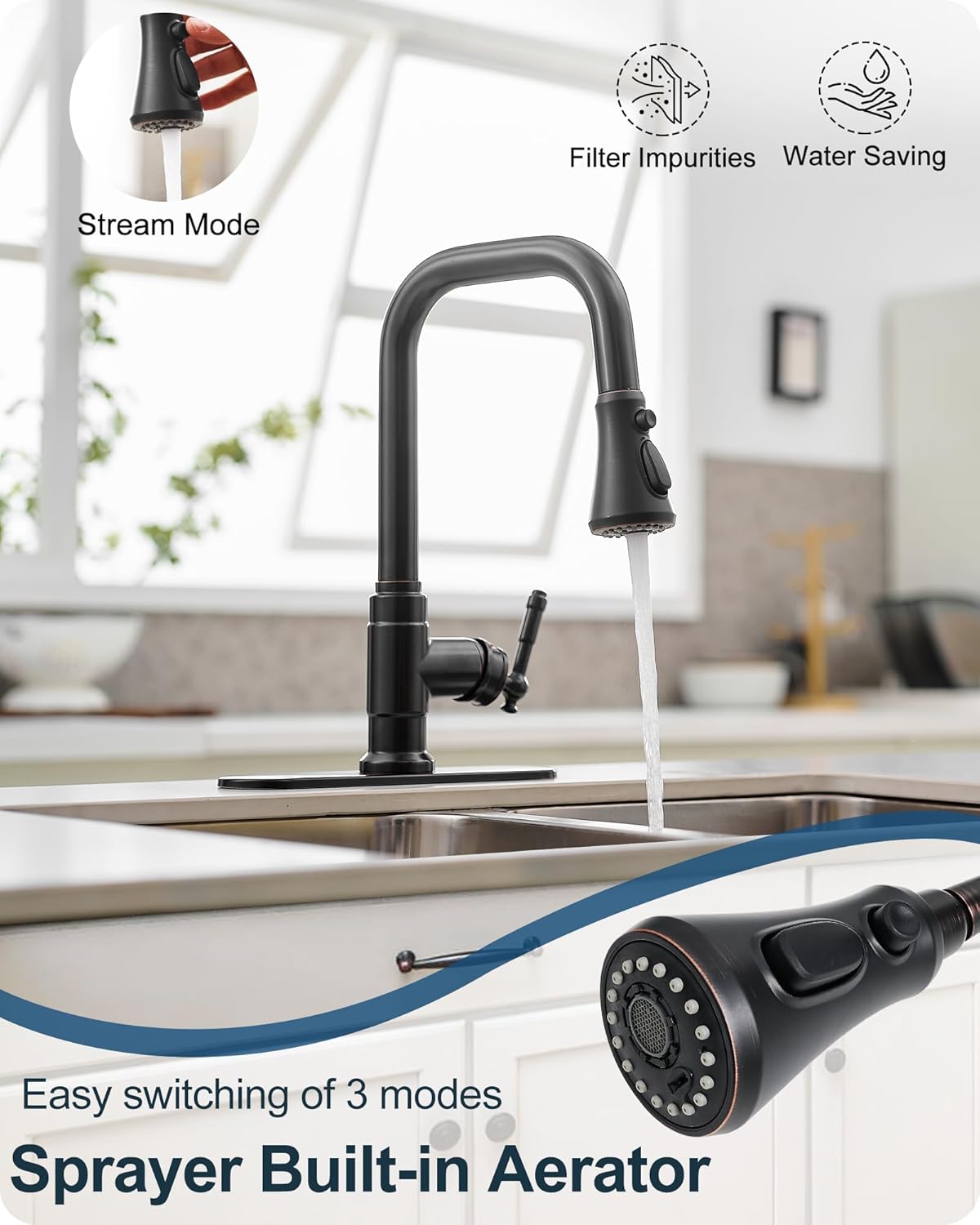 3 Modes Oil Rubbed Bronze Kitchen Faucet with Pull Down Sprayer, 360 Degree Swivel Kitchen Sink Faucets Suit 1 Hole or 3 Hole Include Deck Plate & Hoses