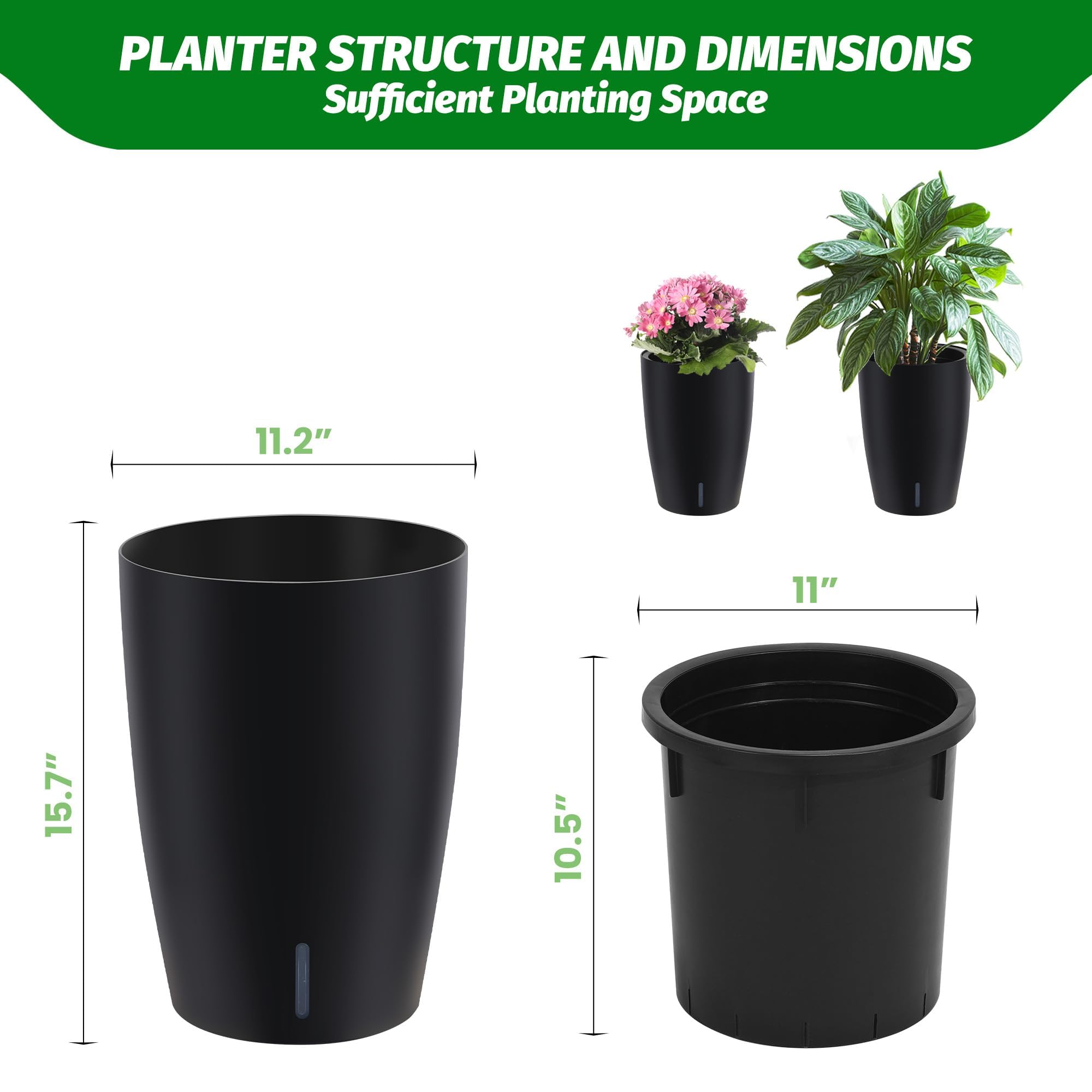 Lot De 2 Pots Hauts Auto-Arrosants Noir | Indicateur de niveau, drainage intégré, insert pratique, entretien minimal
