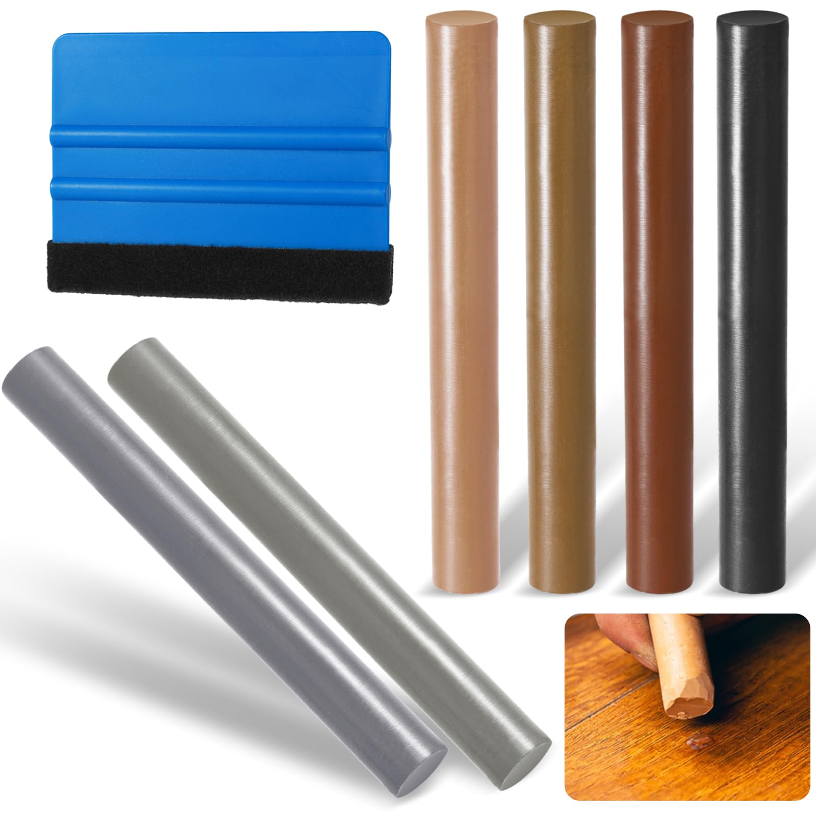 Annickee 7Pcs Laminate Floor Repair Kit, 6 Colors, Wax Filler Sticks with Scraper, Wood Floor Repair Kit