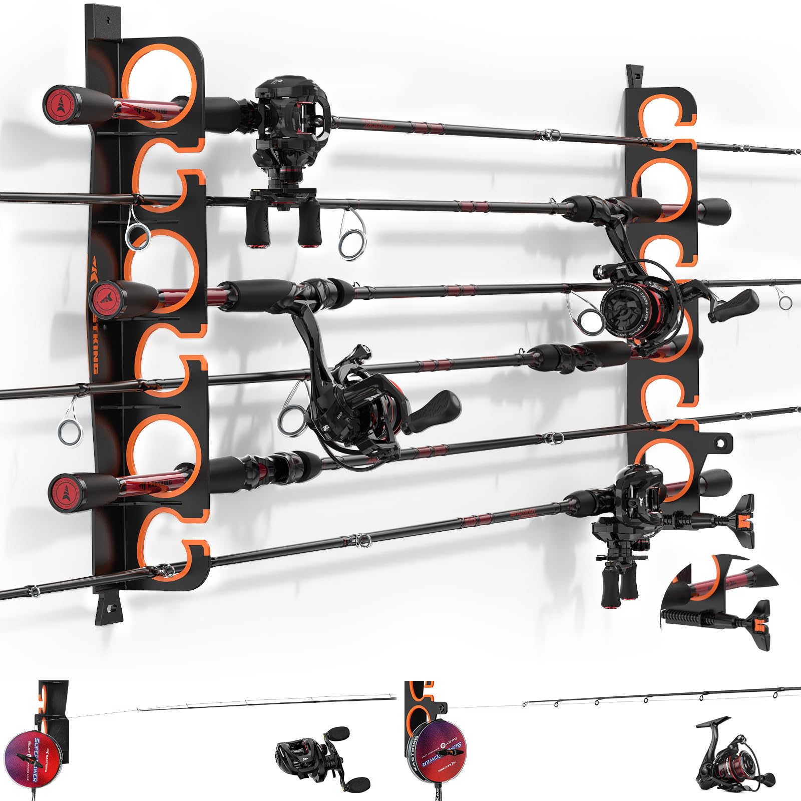 Photo 1 of KastKing SafeGuard LS Horizontal Fishing Rod Rack with Line Spooler – Wall or Ceiling Mount, Holds 6 Rods & Combos in 18", No-Twist Fishing Rod Holder with Spooler & Cutter (Spinning & Baitcasting)