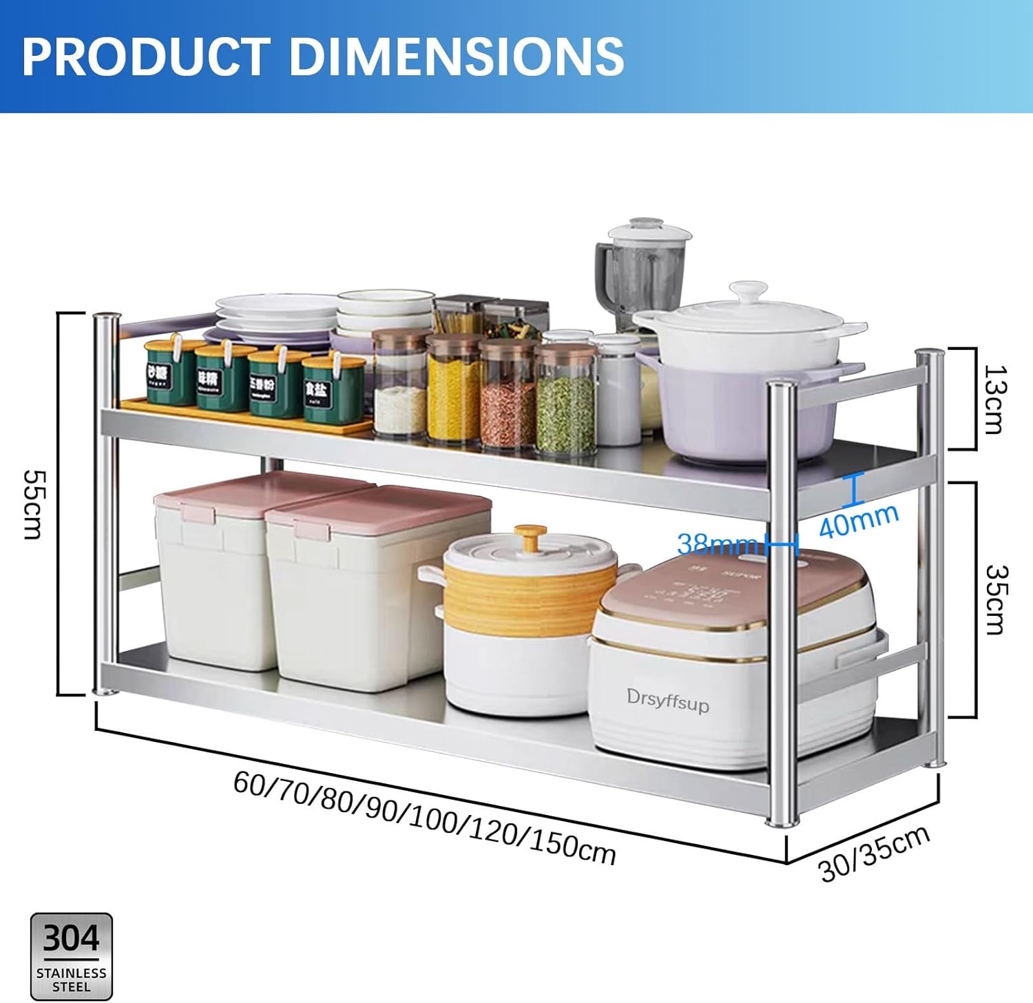 Drsyffsup 304 Stainless Steel Shelves, 2/3-Tier Kitchen Storage Shelf, Wall Mounted Flower Plant Hanging Rack, Heavy Duty Shelving Unit for Garage Office Restaurant Warehouse(2-Layer 120X35X55CM)