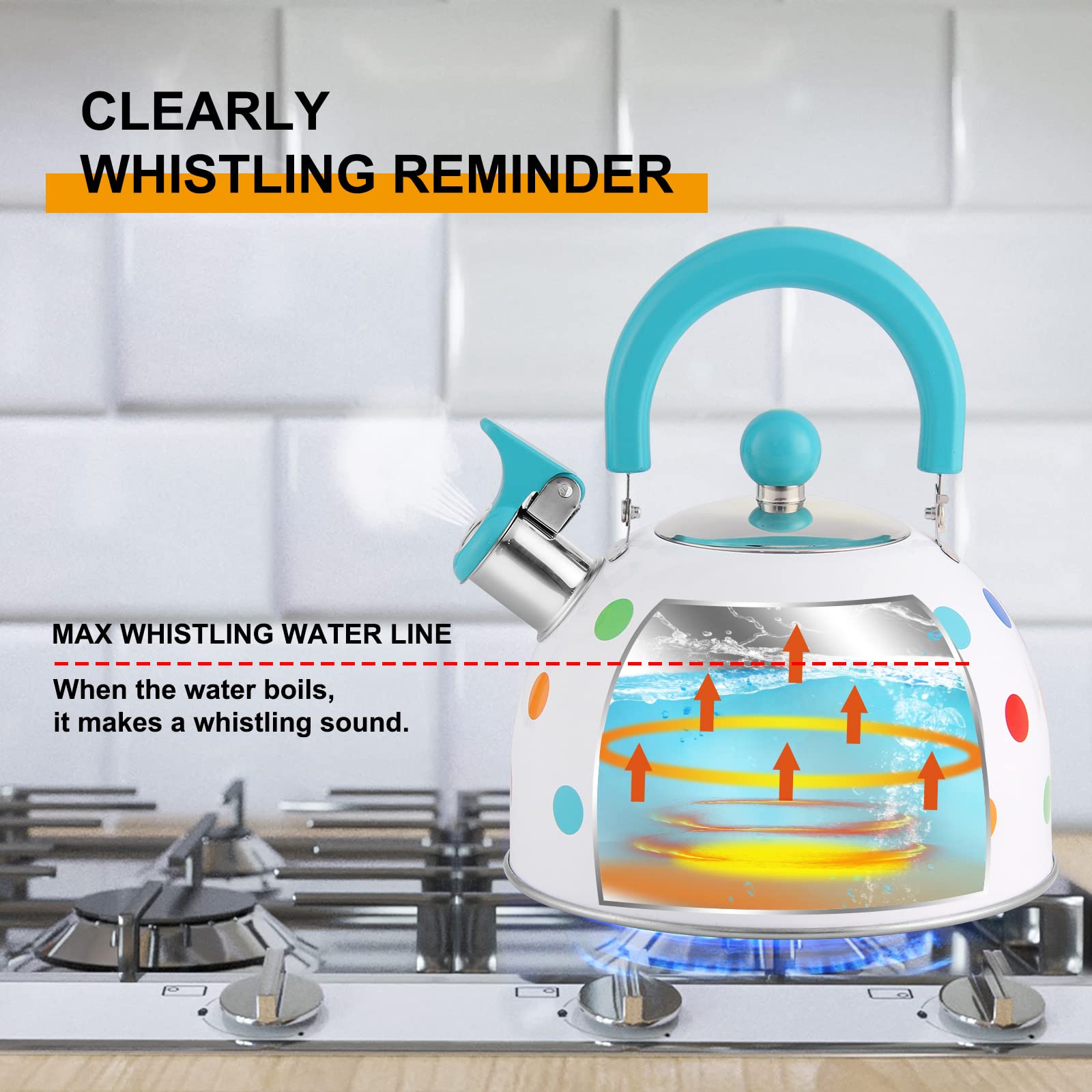 Bollitore Per Tè A Pois - Acciaio Inox 2,5 Qt, Con Fischio E Manico Pieghevole - Foto 8