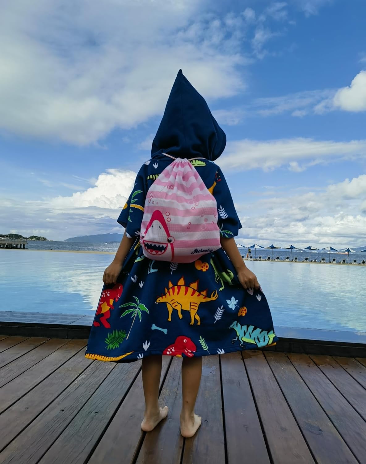 Soft Swim Cover-ups for 3 to 10 Years Old Kids Navy Blue Dinos Hooded Bath Beach Poncho Towels