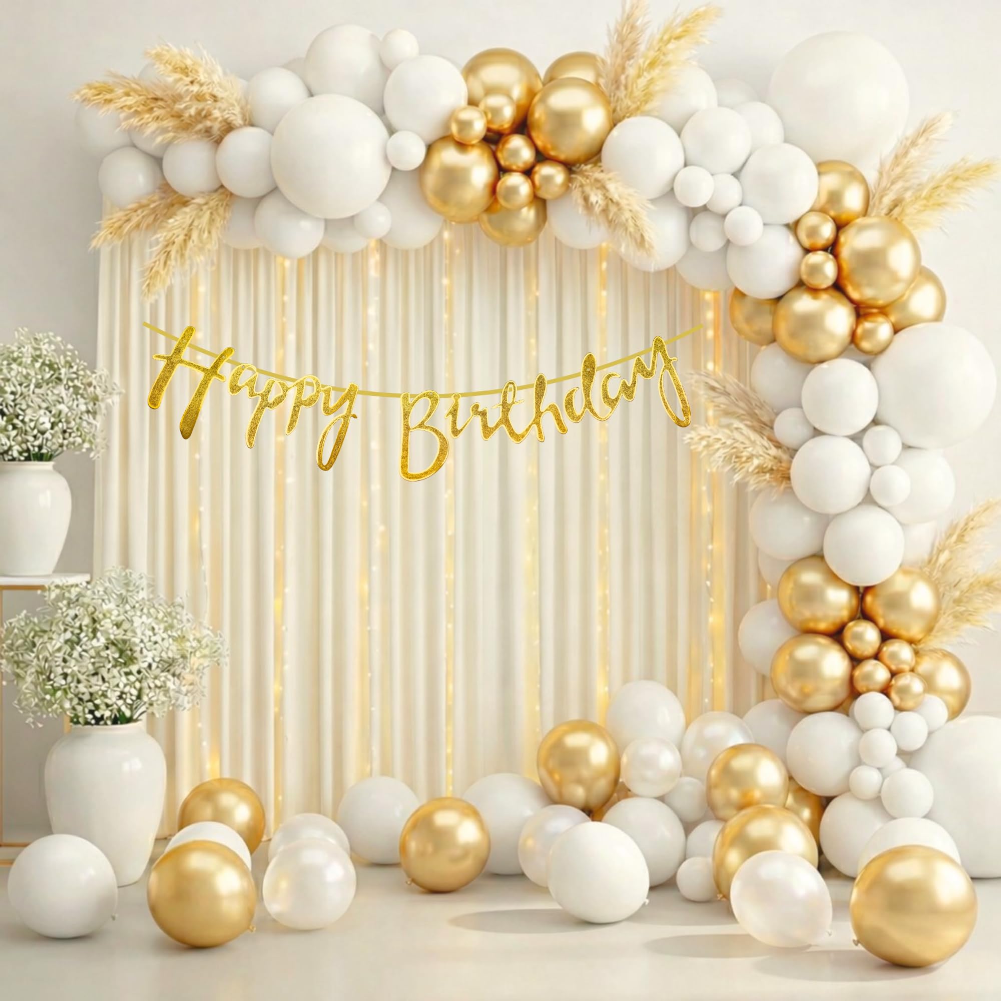 Happy Birthday Decoration Kit for Baby Boys Men Women Adults Home Bedroom Year With 30 Pcs Gold White Balloons 1 Pcs Golden Happy Birthday Cursive Banner Items Set Combo-image-41