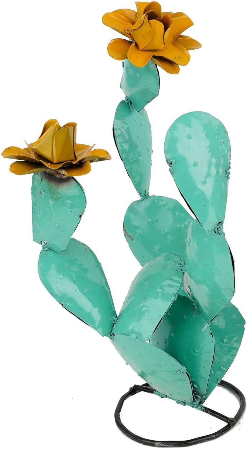 Metal Cactus,Yellow-Needled Barrel Cactus Metal Statue with Flowers,Small Rustic Metal Art Sculpture for The Yard Or Home,Turquoise