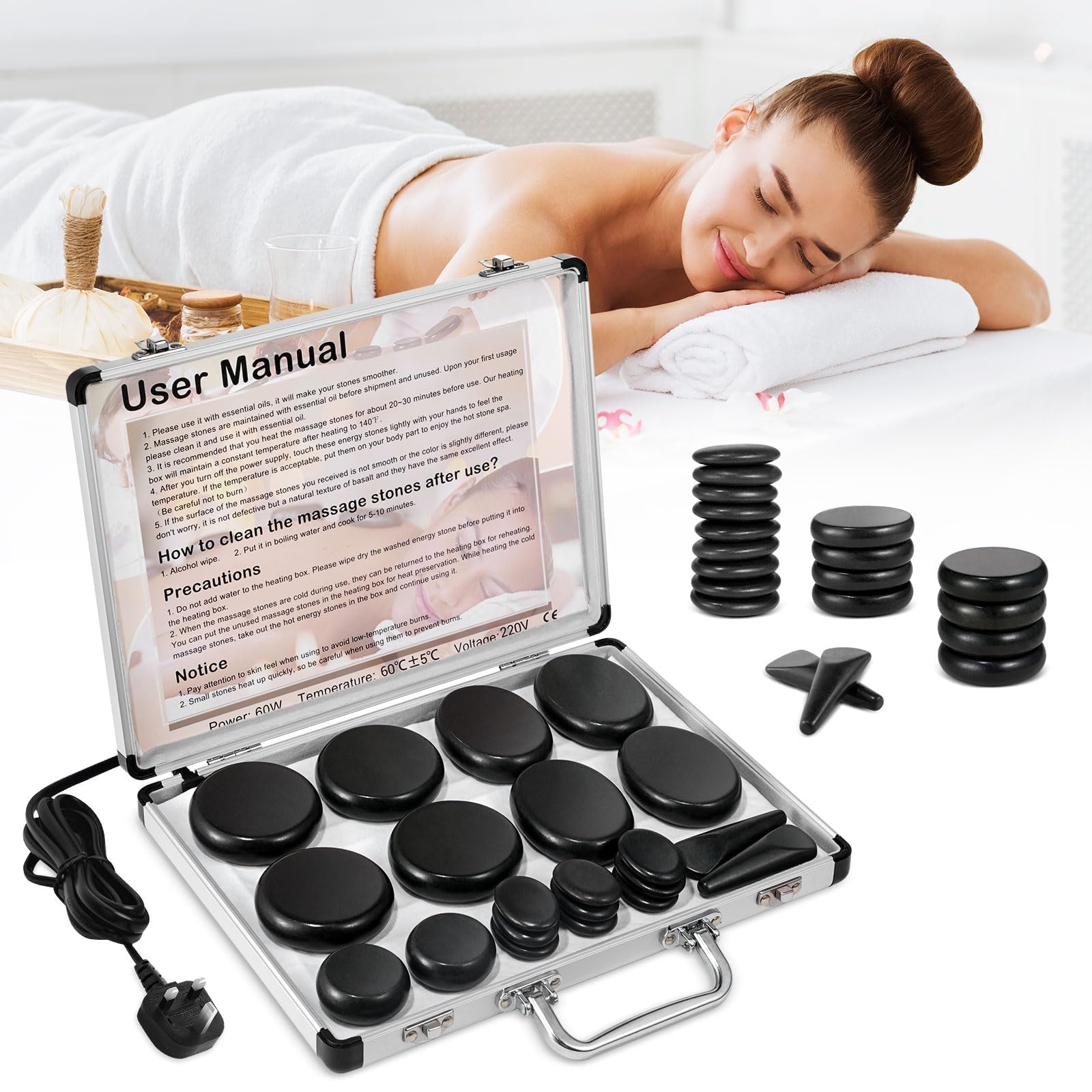 Hot Stones Massage Kit with Heater, 21Pcs Electric Basalt Warm