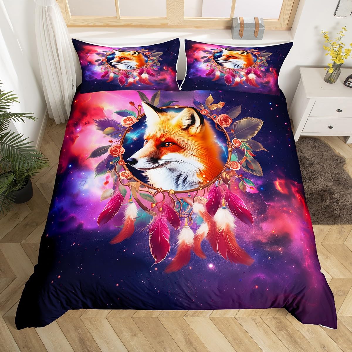 Lovely Fox Spannbetttuch Queen Size – Violett Mit Glitzer & Blumen, Fuchs-Motive, 152x203 Cm + 2 Kissenbezüge