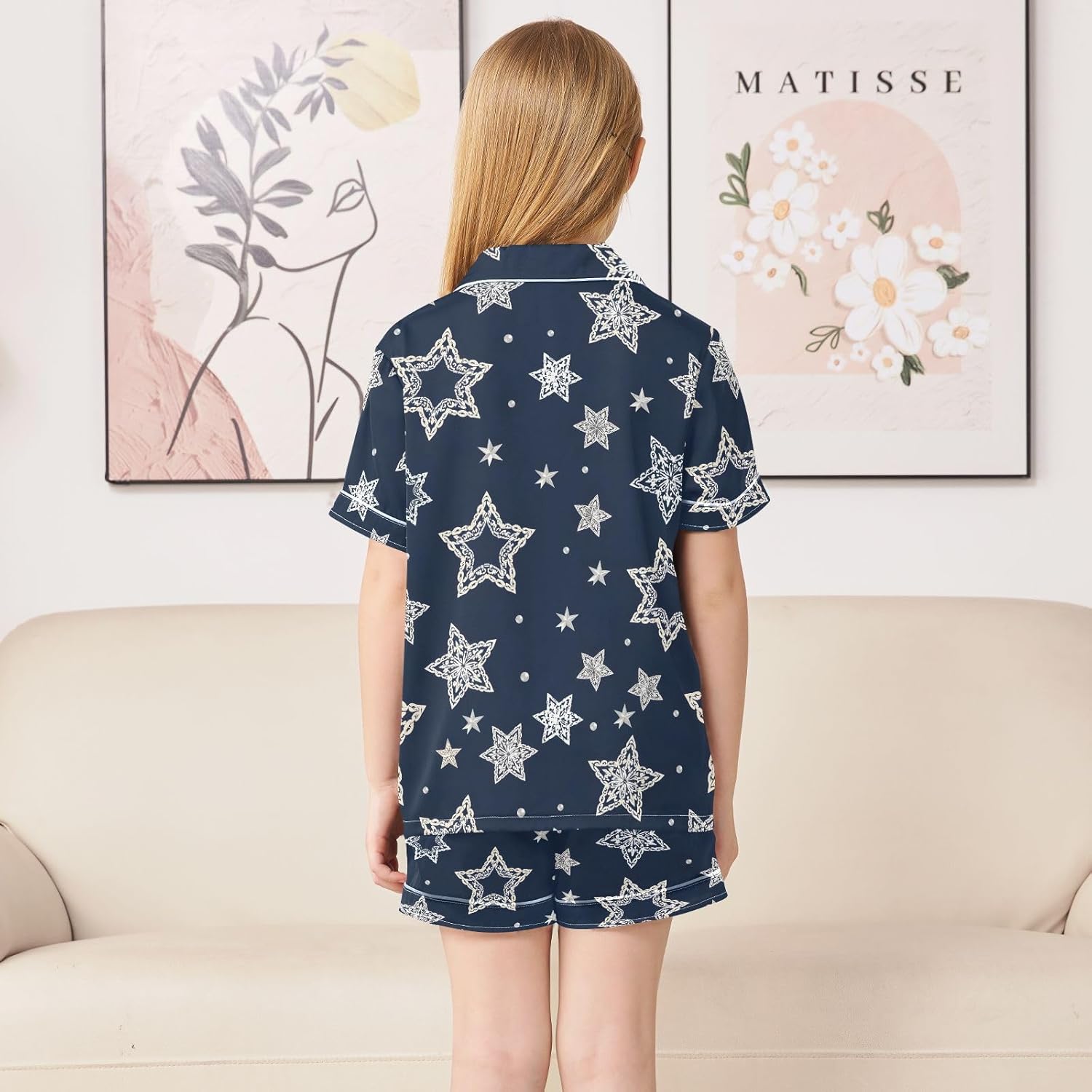Kids Satin Wear Set Blue Background Star Pattern Relaxed Fit Clothing Short Sleeve and Shorts