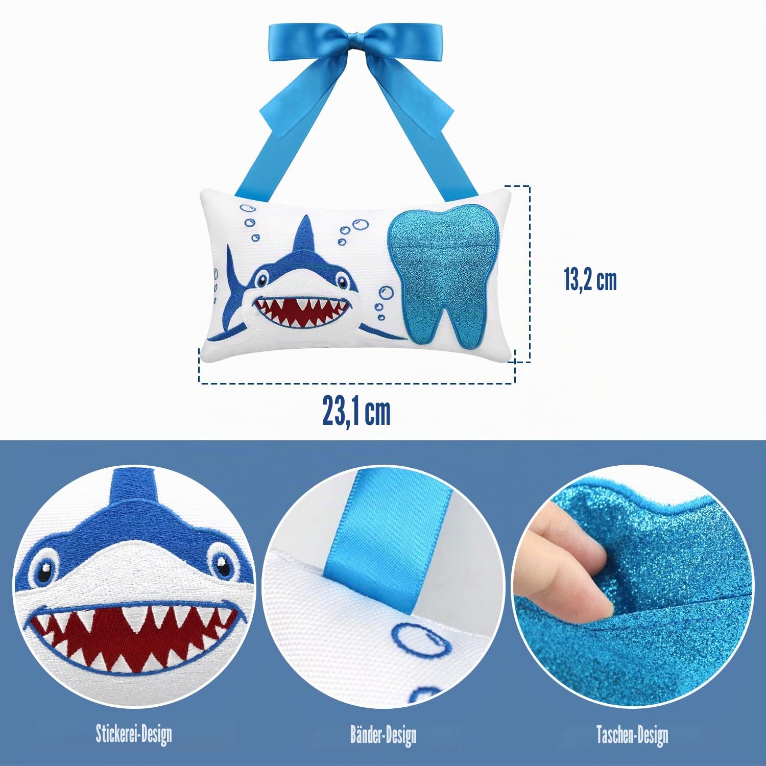 Zahnfee-Kissen mit Tasche für Mädchen und Jungen, Kinder-Zahnkissen, Zahnfee-Geschenke, Zahn-Andenken-Beutel, 21,8 x 12,2 cm (für Jungen)