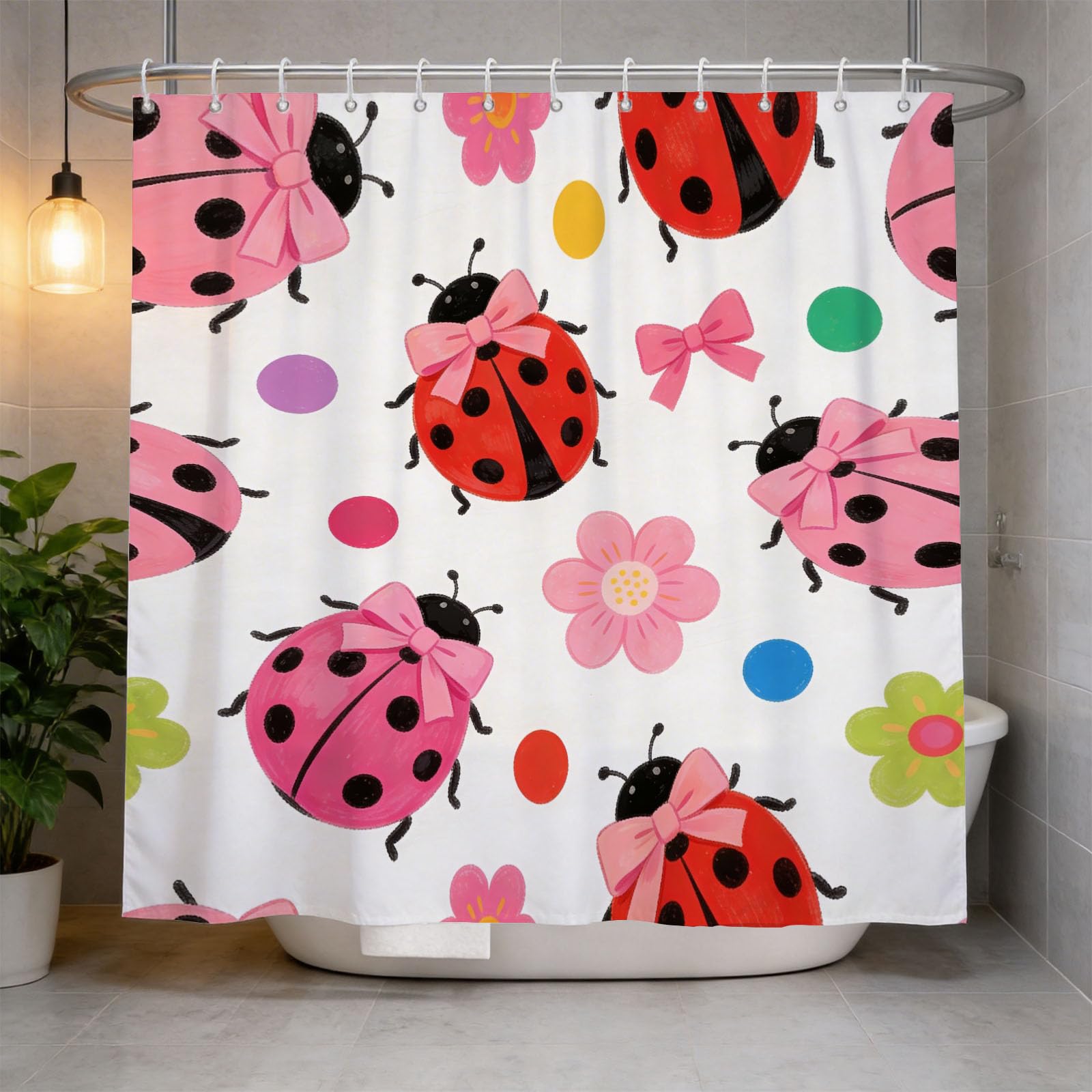 Hongduo 3D Ladybug Shower Curtain for Stalls Bathtubs Kids Bathroom Decor Shower Curtain Set Polyester Fabric Waterproof 180x180cm/71X71 Inch with Hooks