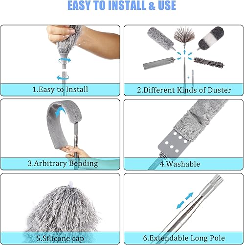 Miniatura 4 de Panny 14 plumeros de microfibra con poste de extensión plumero largo extensible para limpieza ventilador de techo con cabezal lavable y flexible